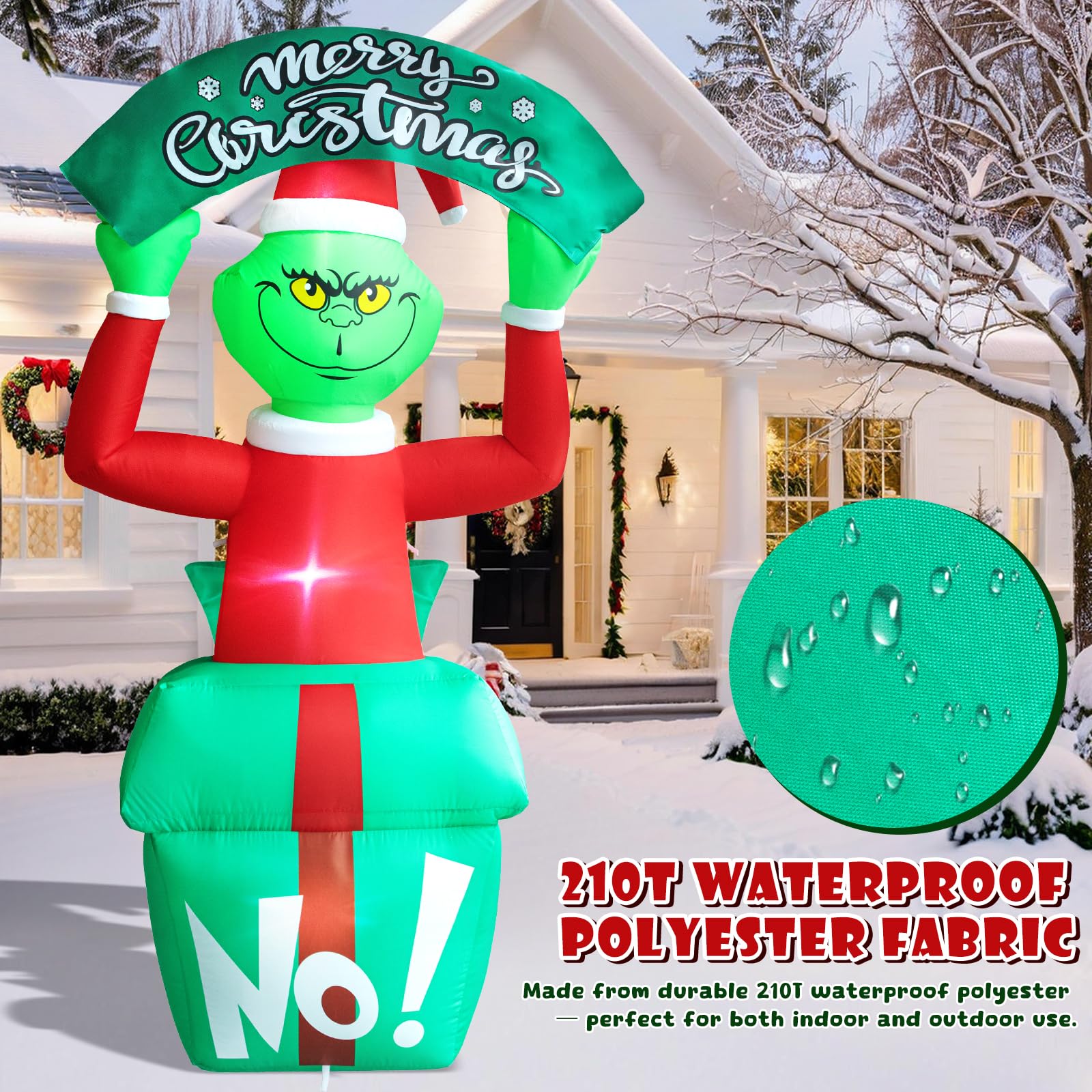 6FT Christmas Inflatable Outdoor Decoration, Funny Green Monster in Gift Box Holding Merry Christmas Sign, Built-in 3 LED Lights