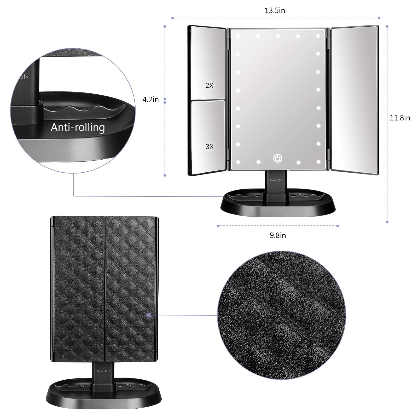deweisn Trifold Lighted Vanity Makeup Mirror with 21 LEDs Lights 1x/2x/3x Magnification and Touch Screen Dimming Two Power Supplies Makeup Mirror  Gift for Women