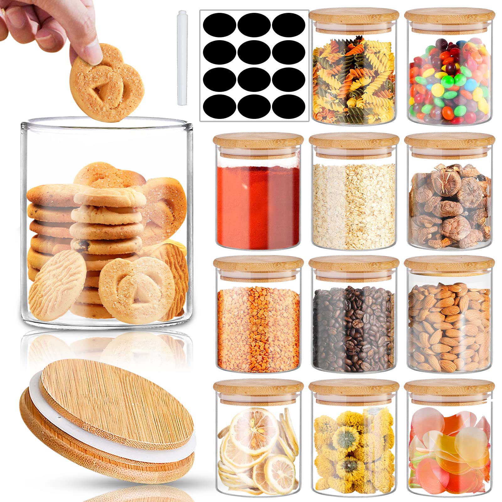 Slifejars - Glass Jars With Bamboo Lids 16 Oz, 12Pcs Glass Food Storage Jars With Rewritable Labels, Bamboo Lid Jars For Kitchen