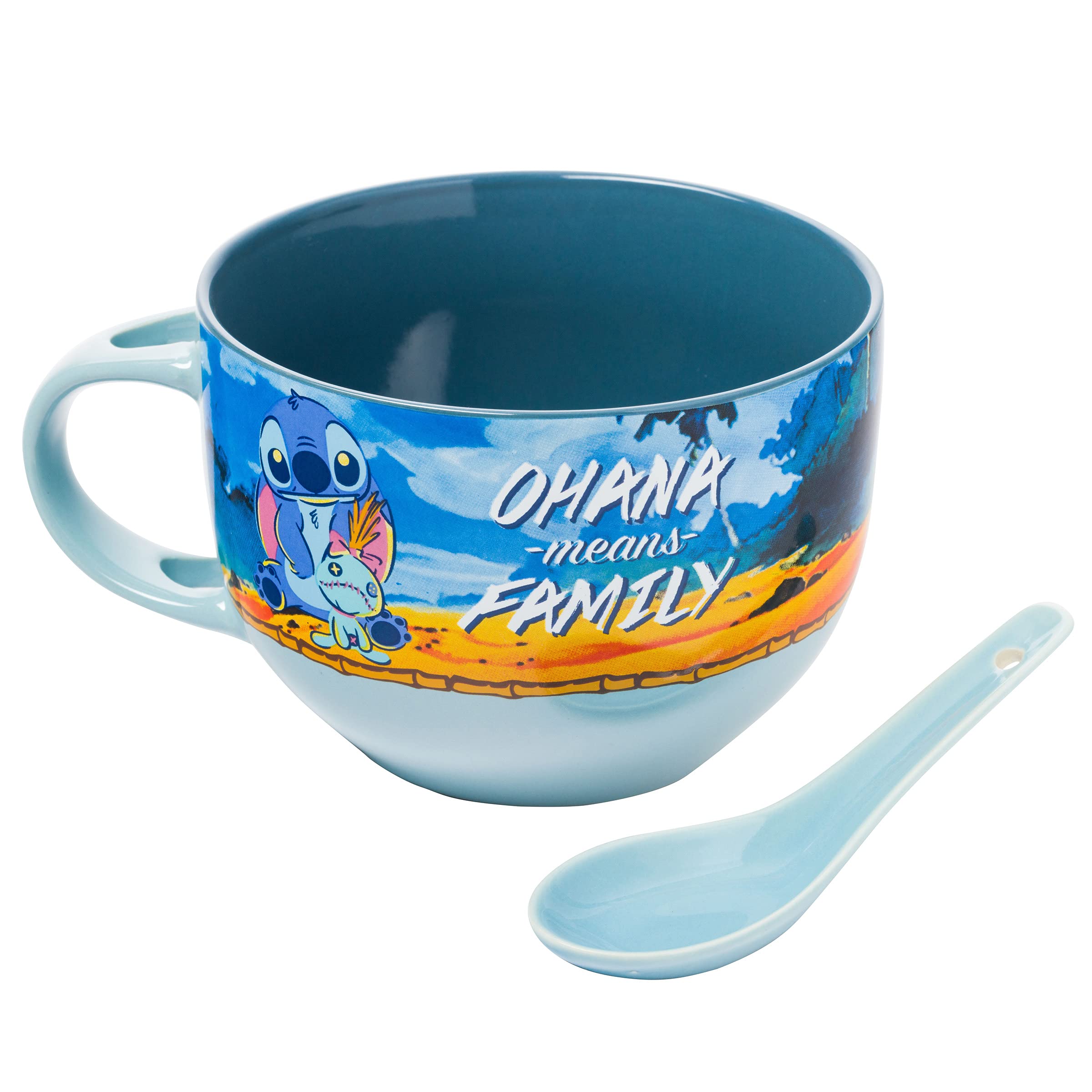 Silver Buffalo Stitch And Scrump Ohana Means Family Boxed Ceramic Soup Mug Spoon Set, 24 Ounces