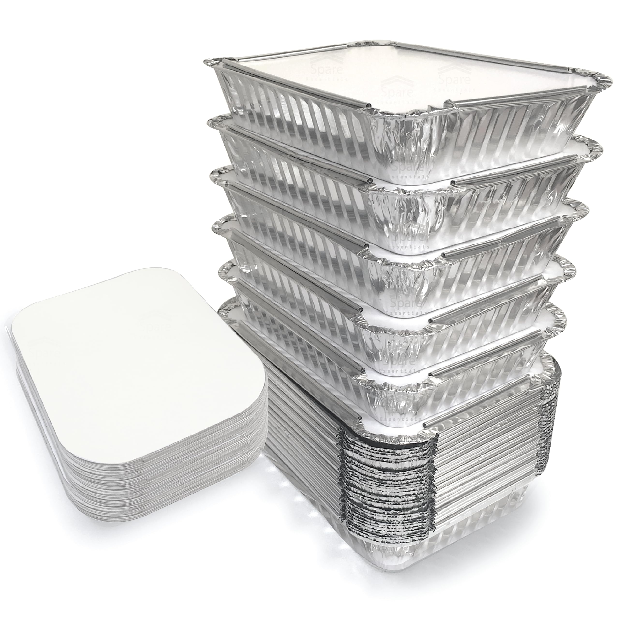 Spare Essentials 55 Pack - 2.25 LB To Go Aluminum Containers with Lids - Heat Proof Foil Tins for Meal Prep, Take Out, Freezer M