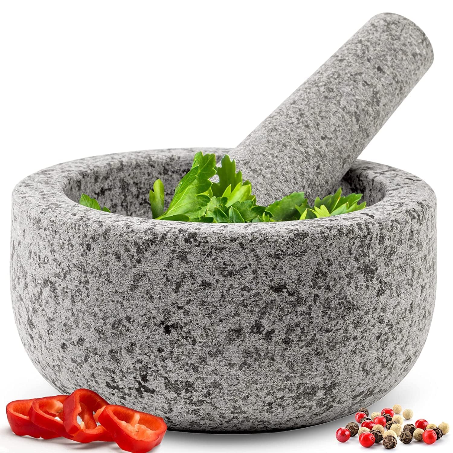 Heavy Duty Large Mortar And Pestle Set, Hand Carved From Natural Granite, Make Fresh Guacamole, Salsa, Pesto, Stone Grinder Bowl