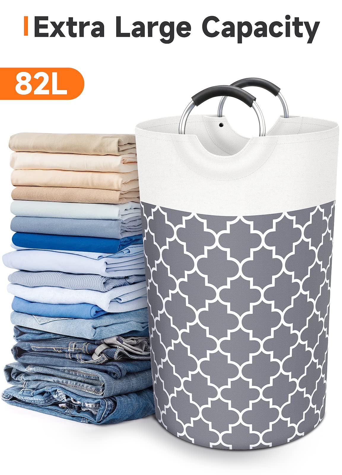 Fabspace Large Laundry Basket Laundry Hamper Bag Washing Bin Clothes Bag Collapsible Tall With Handles Waterproof Travel Bathroom College Essentials Storage For College Dorm  Family (Grey) 82L
