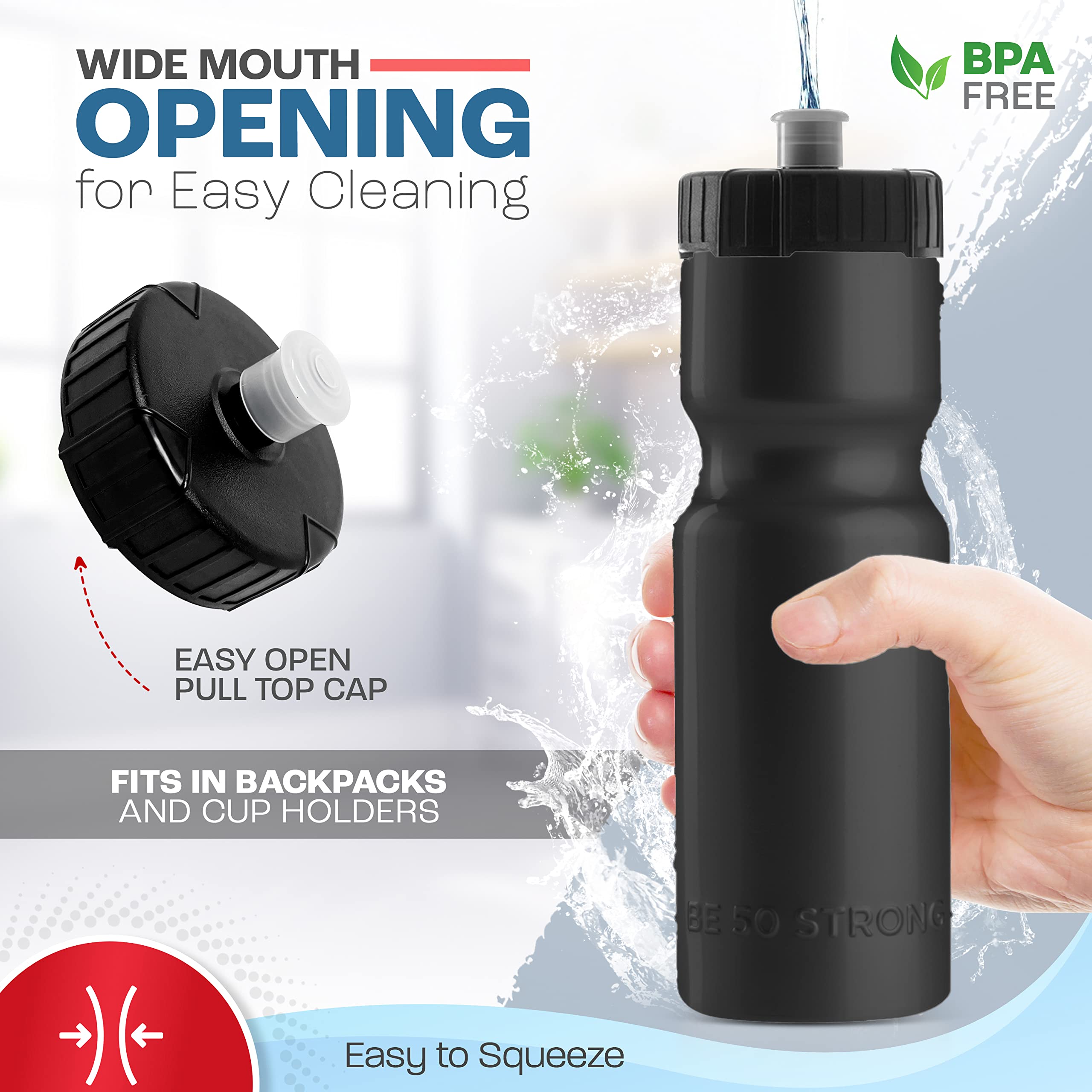 50 Strong Sports Water Bottle  6 Pack of Reusable Squeeze Water Bottles  22 oz. BPA-Free Plastic Bottles with Pull Top Cap  Made in USA  Top Rack Dishwasher Safe  Fits Most Bike Cages (Black)
