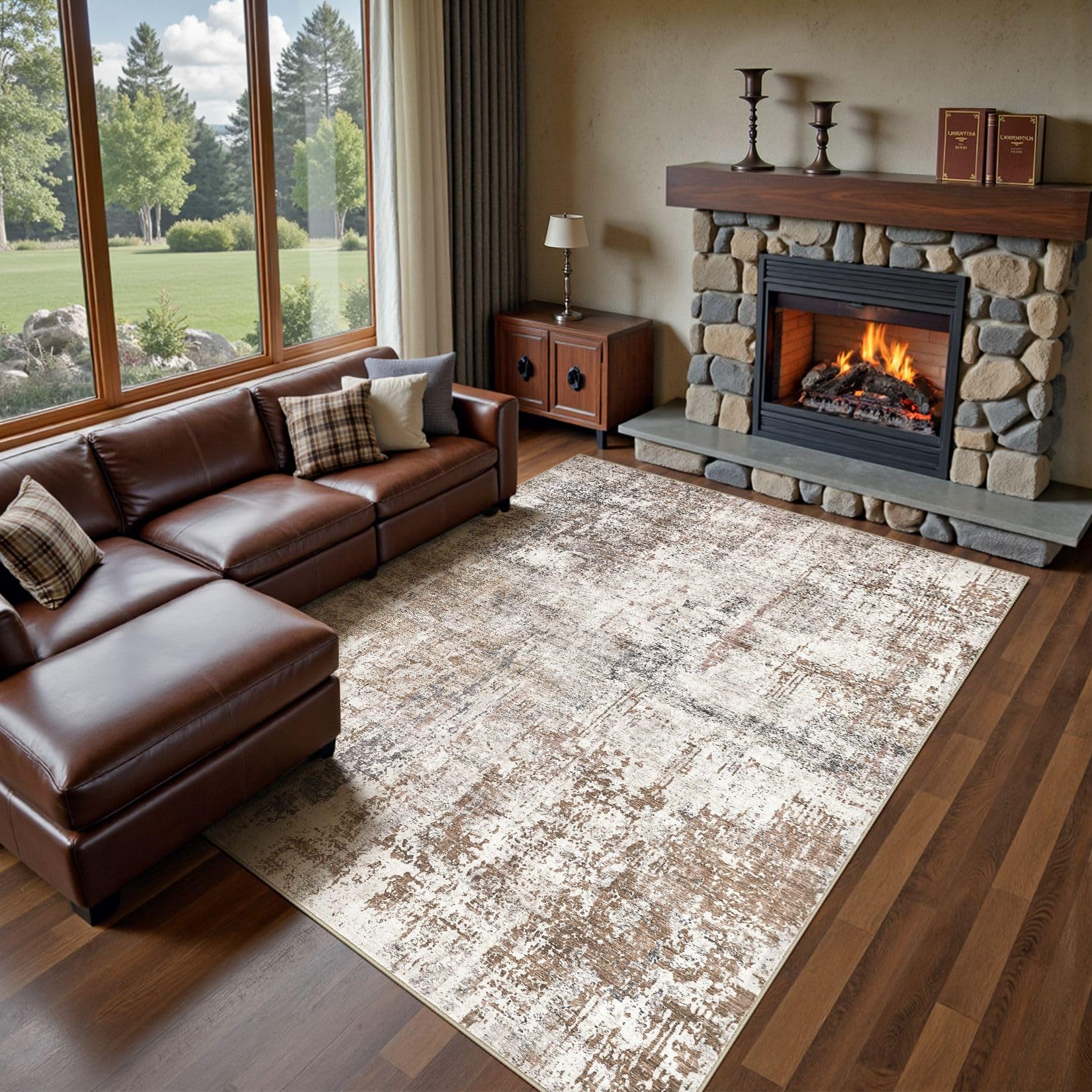 UERMEI 9x12 Area Rug Living Room Rugs - Washable Neutral Modern Abstract Soft Thin Rug Indoor Floor No Slip Rug Carpet for Bedro