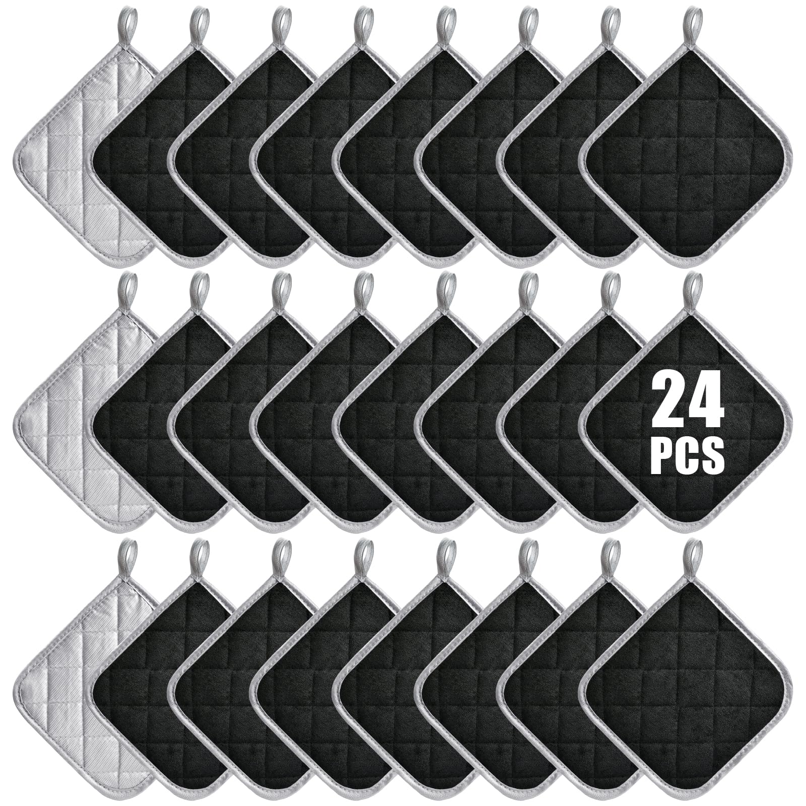 Aemygo 24 Pcs Pot Holders Bulk for Kitchen Heat Resistant, 7X 7Inch Cotton Potholders with Hanging Loops Square Hot Pads Oven Po