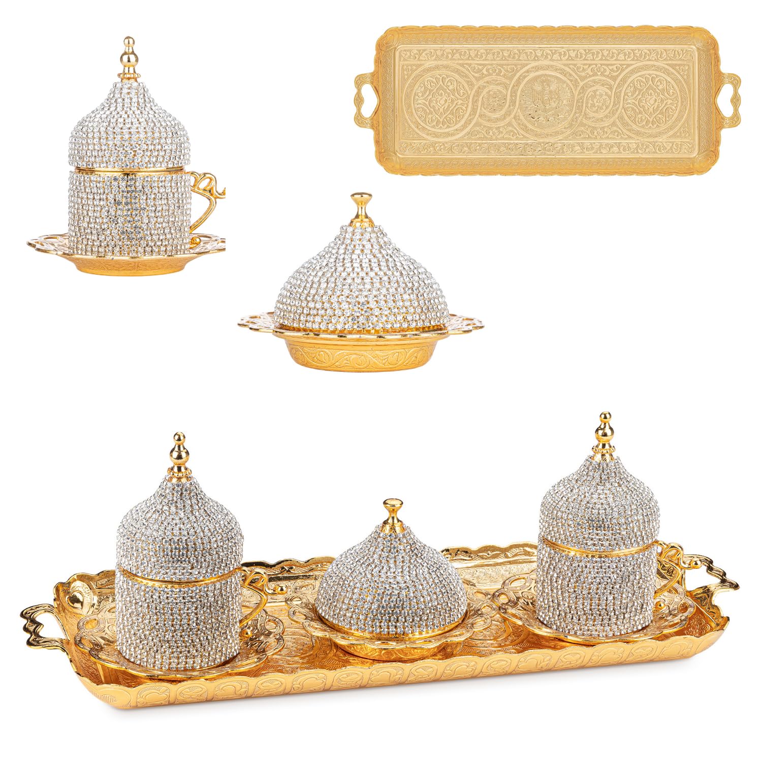 Alisveristime Ottoman Turkish Greek Arabic Espresso Coffee Cups With Saucer And Lid (Crystal Set) (Set Of 2) (Gold)
