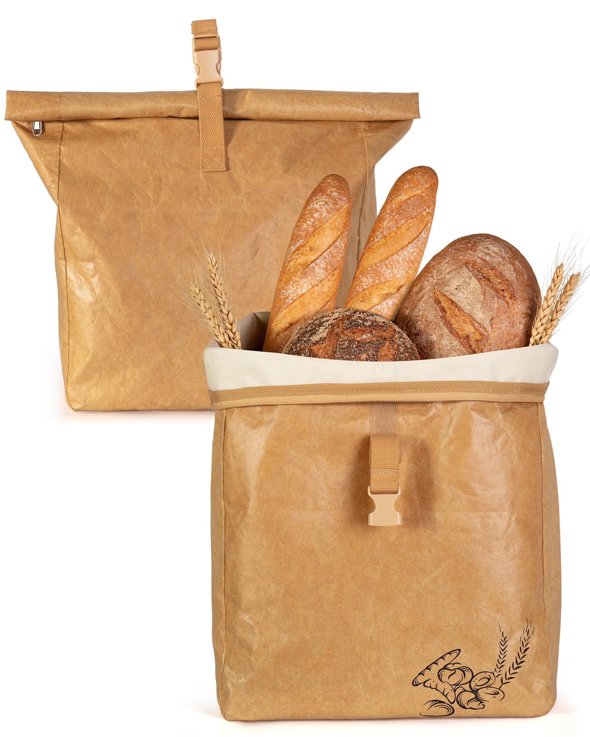 Marscamd 2 Pack Large Reusable Bread Bags with Zipper, Brown