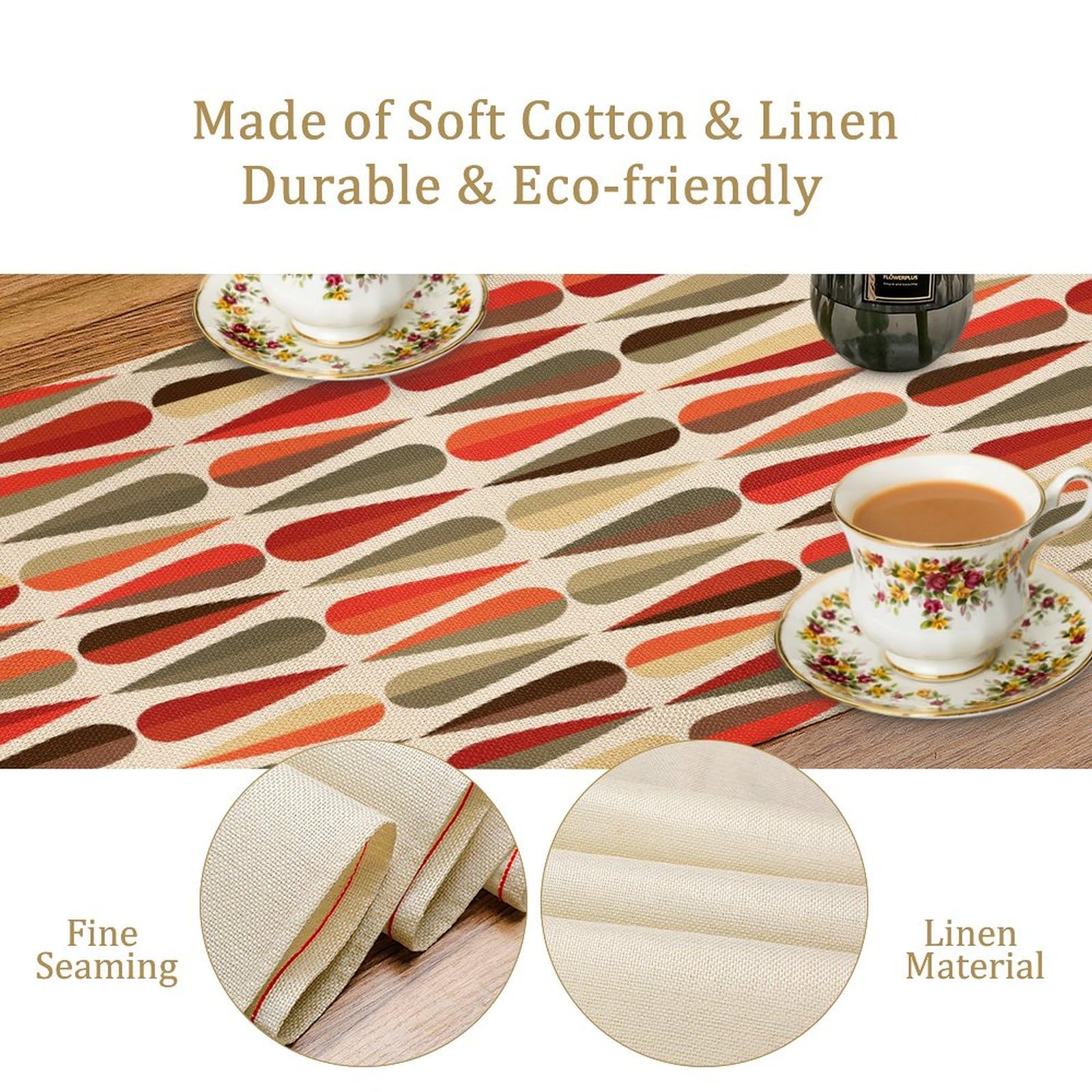 Mid Century Table Runner, Modern Style Retro Drop Shapes Linen Table Runners For Home Living Room Kitchen Family Dinner, Modern