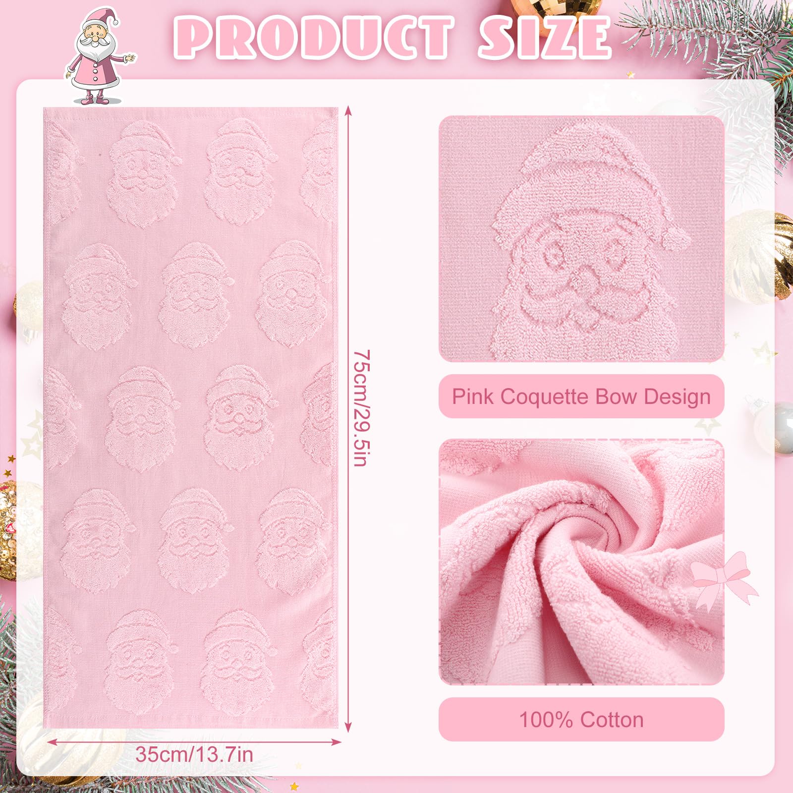 Breling 2 Pcs Christmas Hand Towels Pink Santa Claus Bathroom Decorative Towels 100% Cotton Absorbent Jacquard Weave Bath Decor