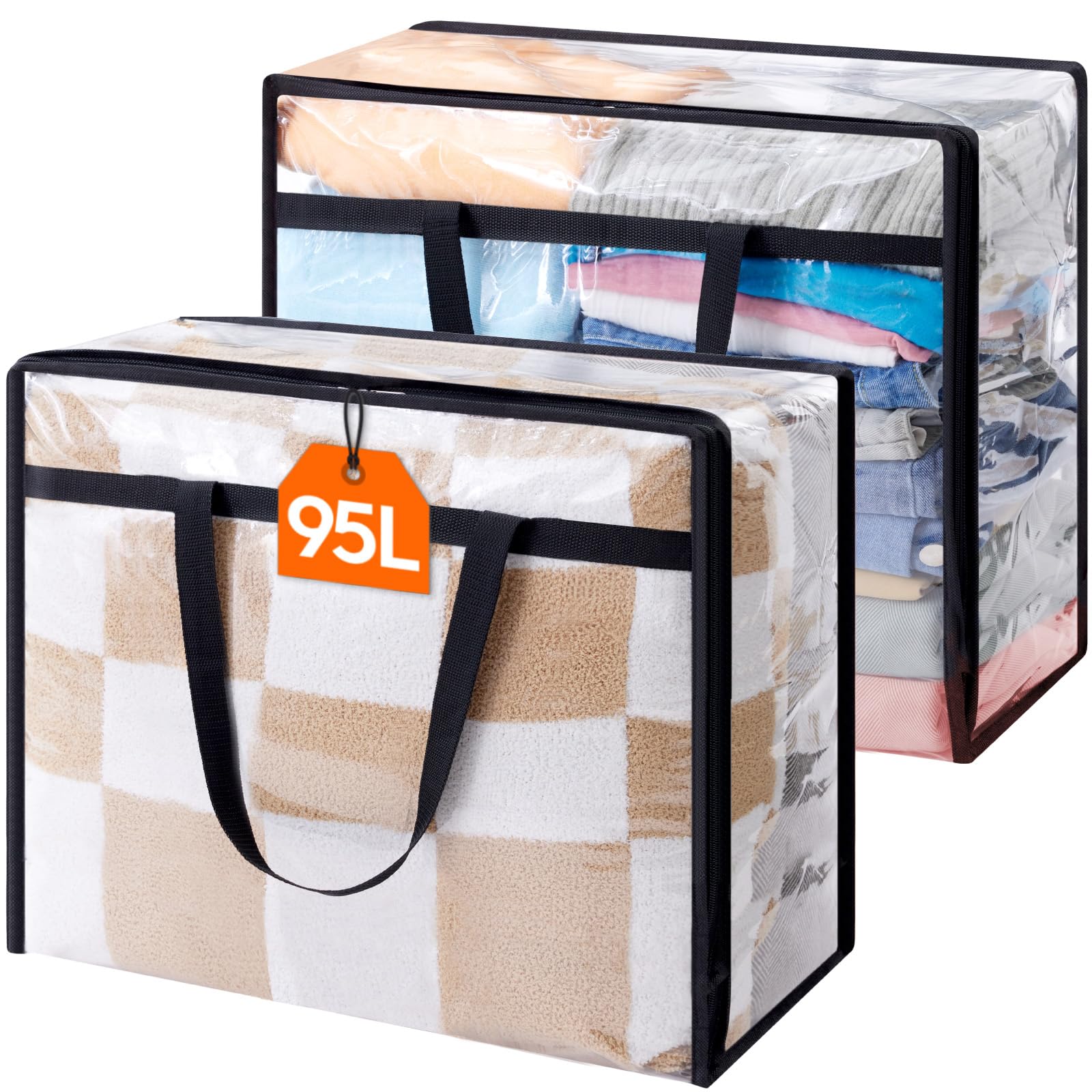 Lifewit 2 Pack Clear Clothes Storage Bags, 95L Large Plastic Blanket Storage, Vinyl Foldable Moving Bags with Zipper, Closet Org