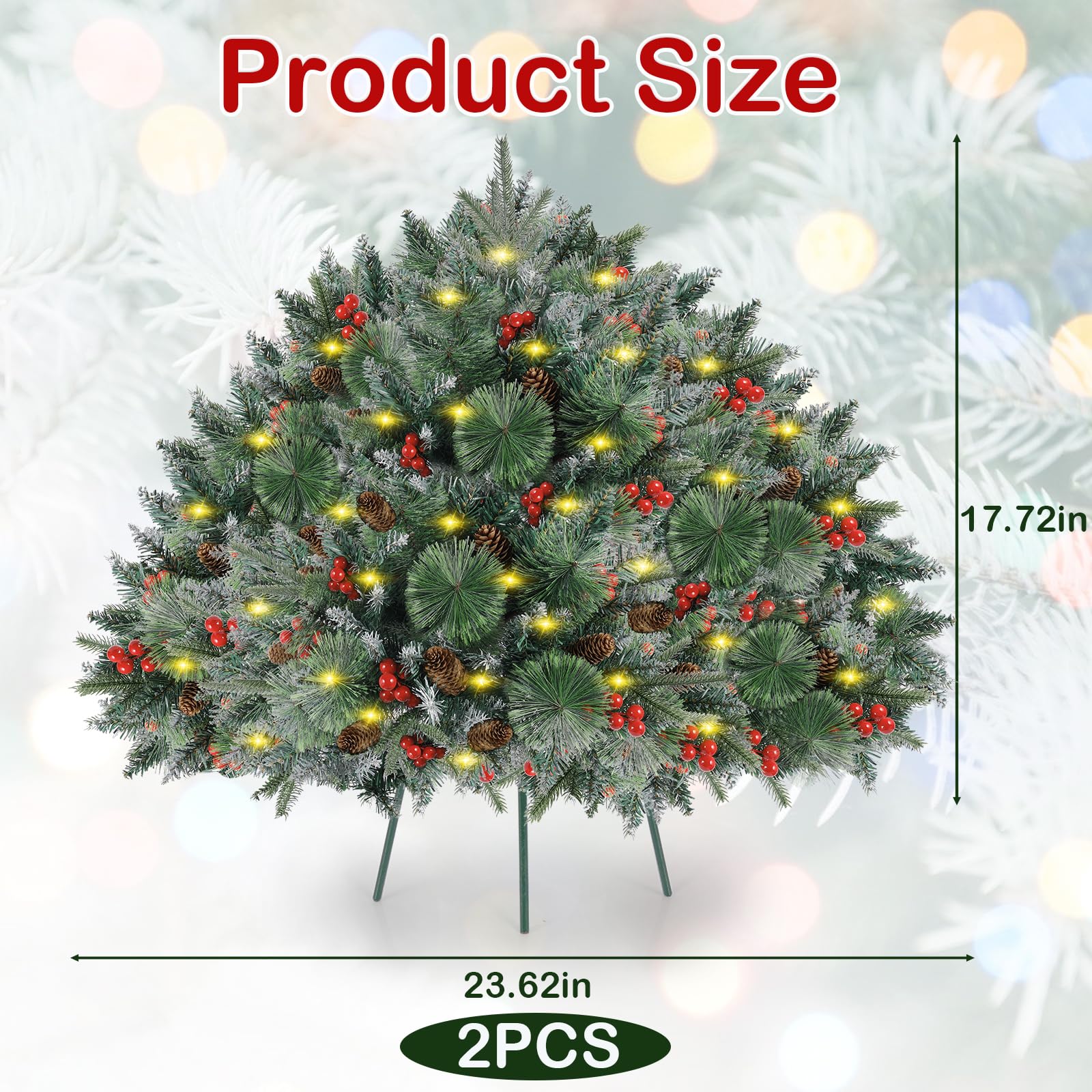 2 Pack 24Inch Prelit Christmas Trees,Outdoor Frosted Urn Fillers 150 Branches Battery Operated 50 LEDs Dual Color Change with Ti