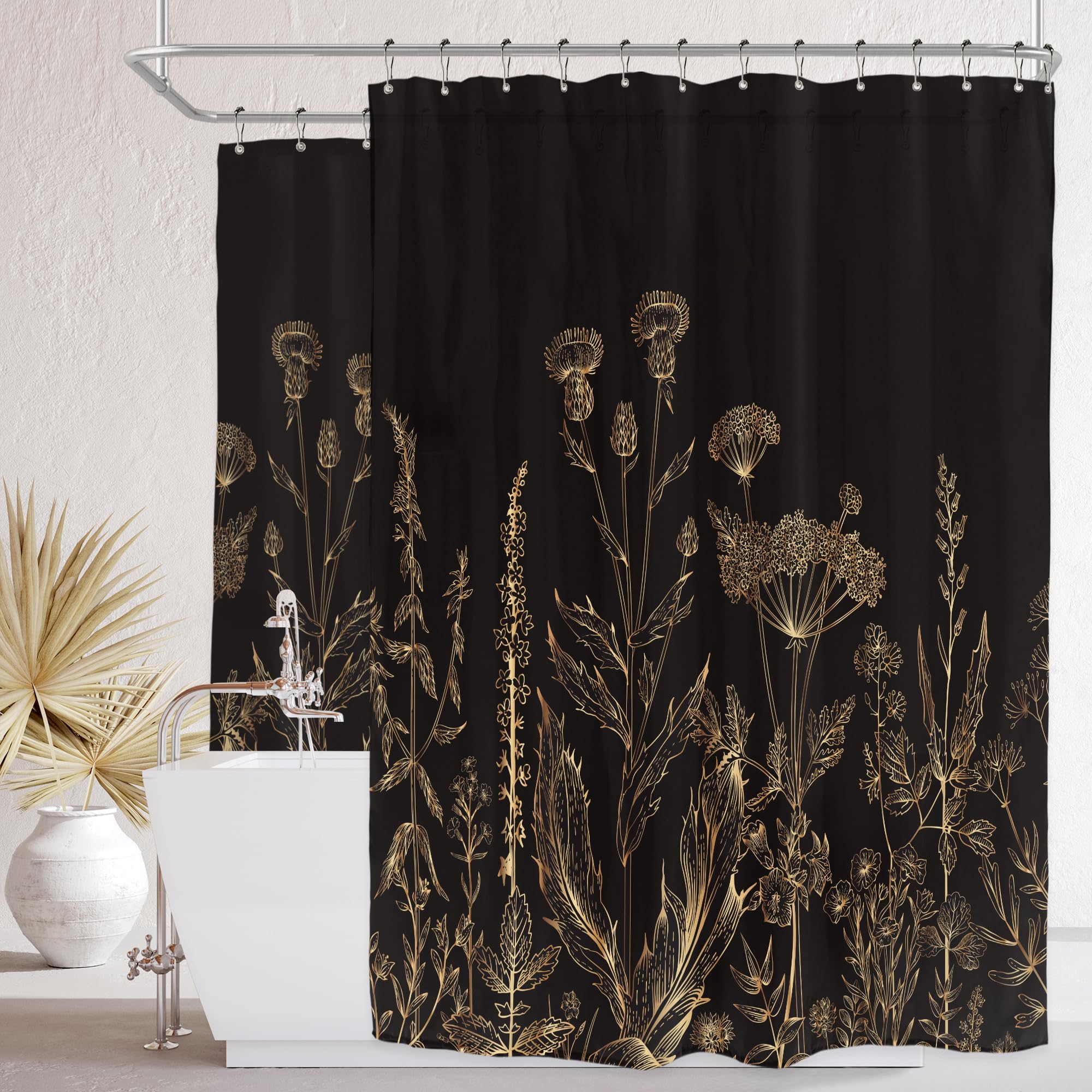 Riyidecor Clawfoot Tub Extra Wide Shower Curtain For Bathroom Decor 180Wx70H Black And Gold Floral Wildflower Wrap All Around Ci