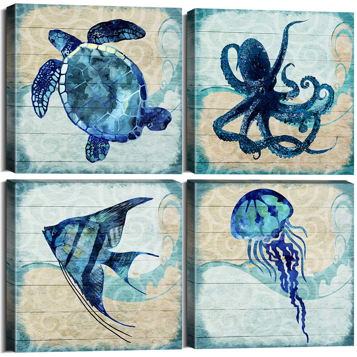 Navy Blue Beach Themed Fish Sea Turtle Jellyfish Octopus Wall Art Bathroom Decor Ocean Nursery Picture Canvas Kids Boho Under Th