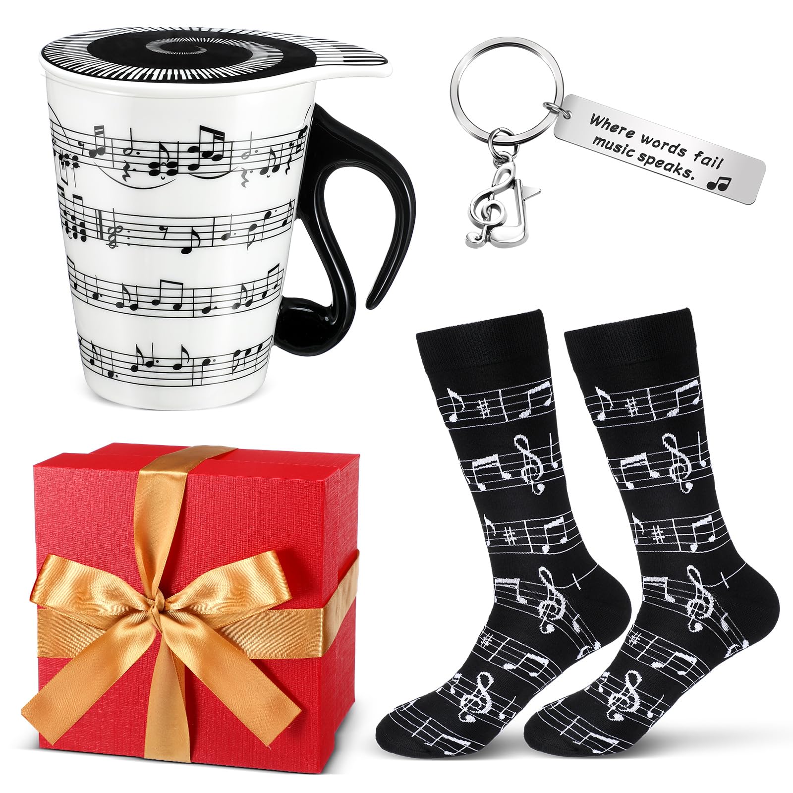 Tioncy 4 Pcs Music Lover Teacher Gifts, Music Coffee Mug Cup with Lid, Note Socks, Keychain, Red Gift Box for Graduation Birthda