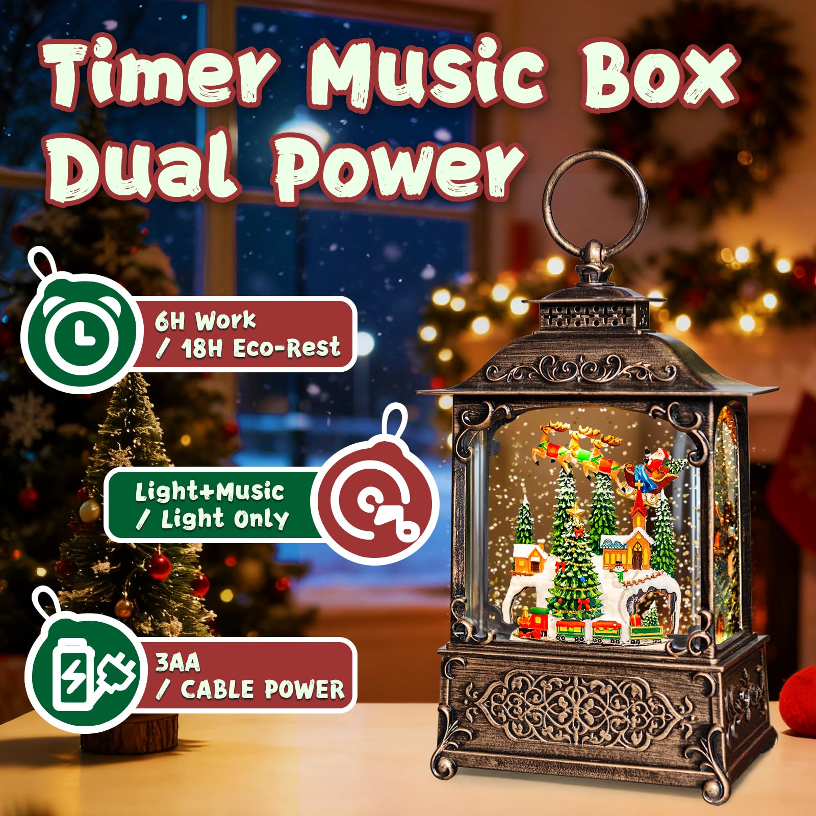 Christmas Snow Globes Lantern, Santa Claus & Train Christmas Decorations Indoor, 6H Timer Battery & USB Powered Light Up Musical