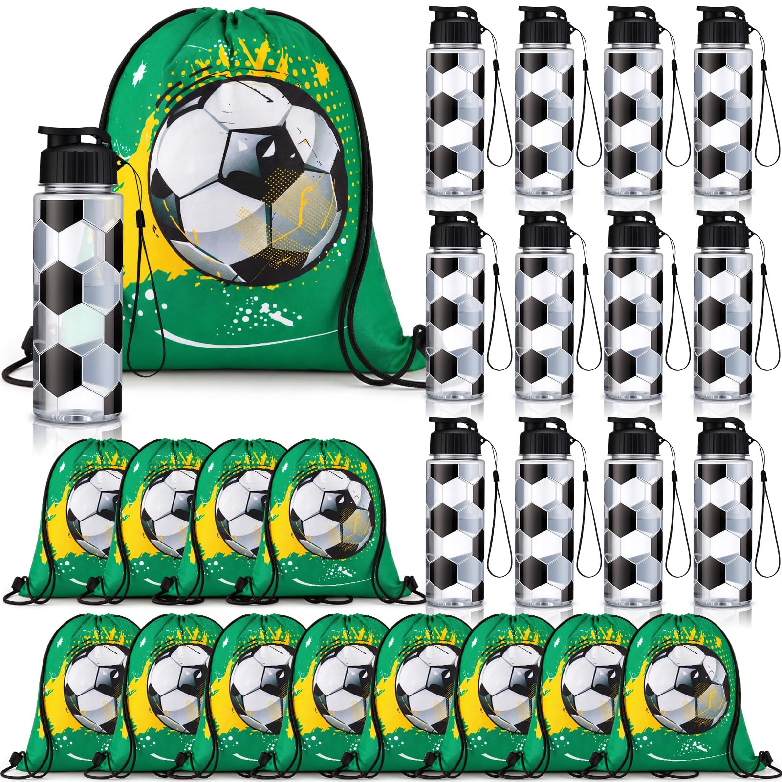 Mifoci 24 Pieces Soccer Water Bottle and Soccer Drawstring Backpack Set 12 Pcs 17oz Reusable Plastic Water Bottle 12 Pcs Gym Goo