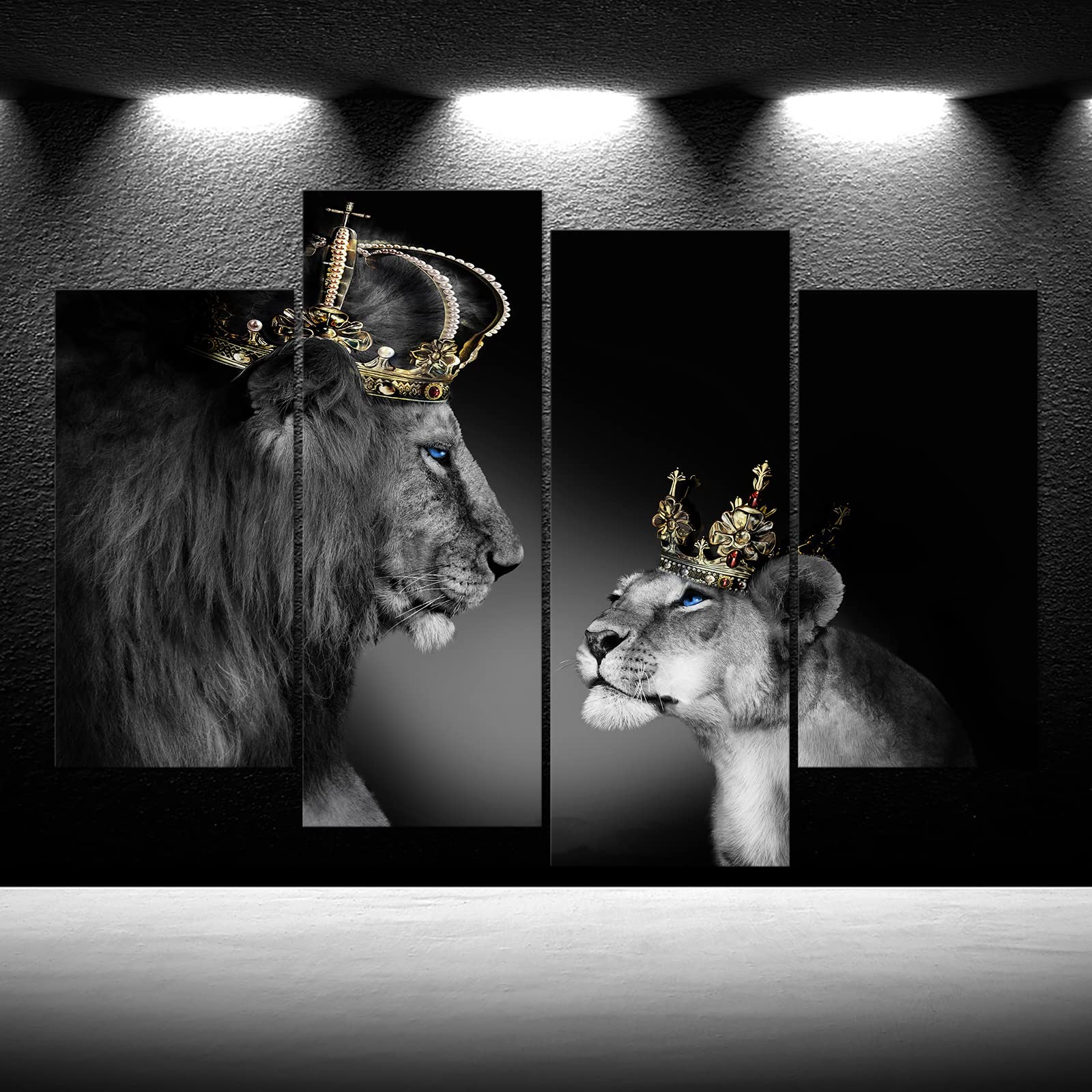 Large 4 Panel Wall Decor The Lion King And Queen With Crown Wall Art African Wild Animals Canvas Prints Pictures Black And White