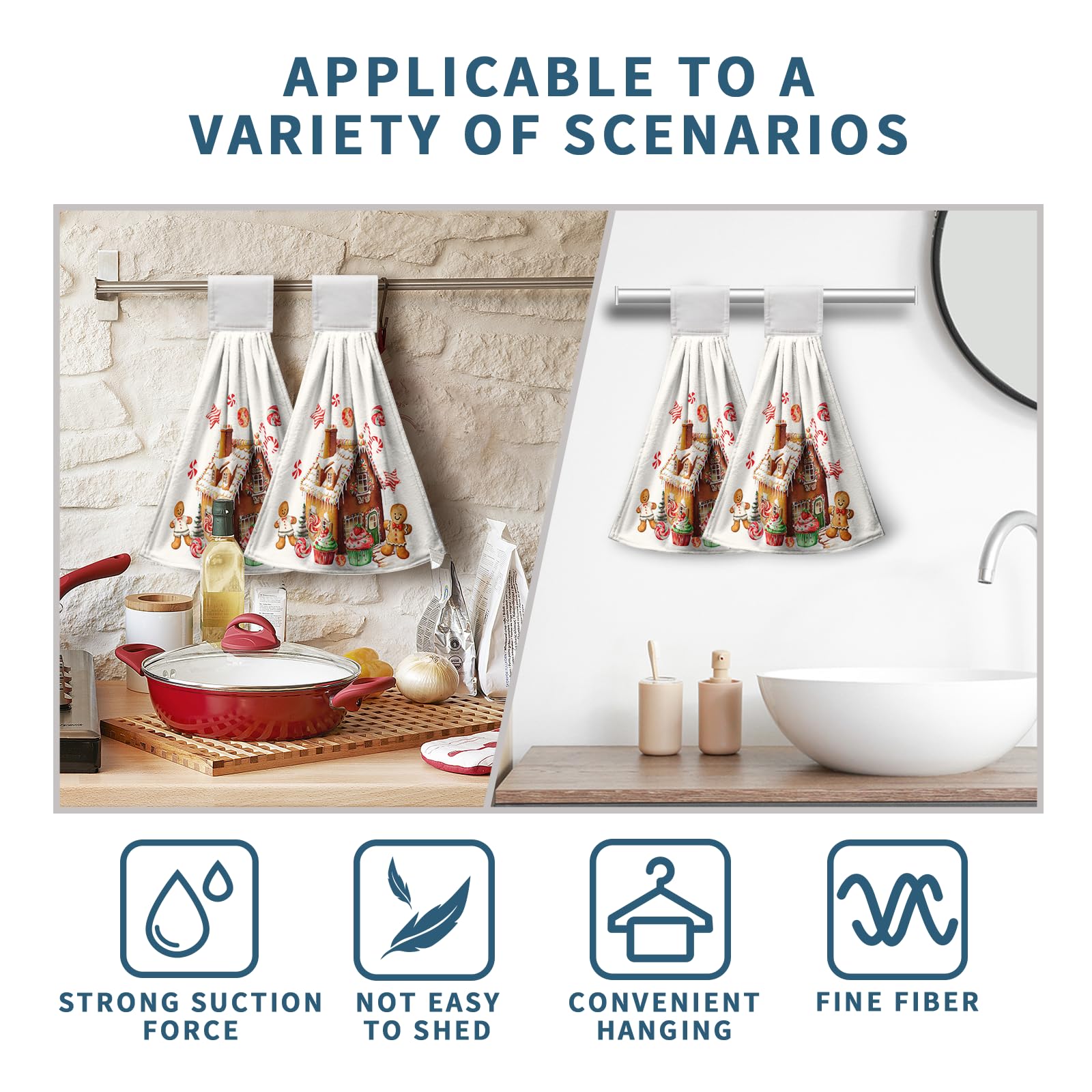 Kwlegh Christmas Gingerbread Man Hanging Kitchen Towels Cookies Candy Cane Hand Towel With Hanging Loop Ginger Bread House Dish