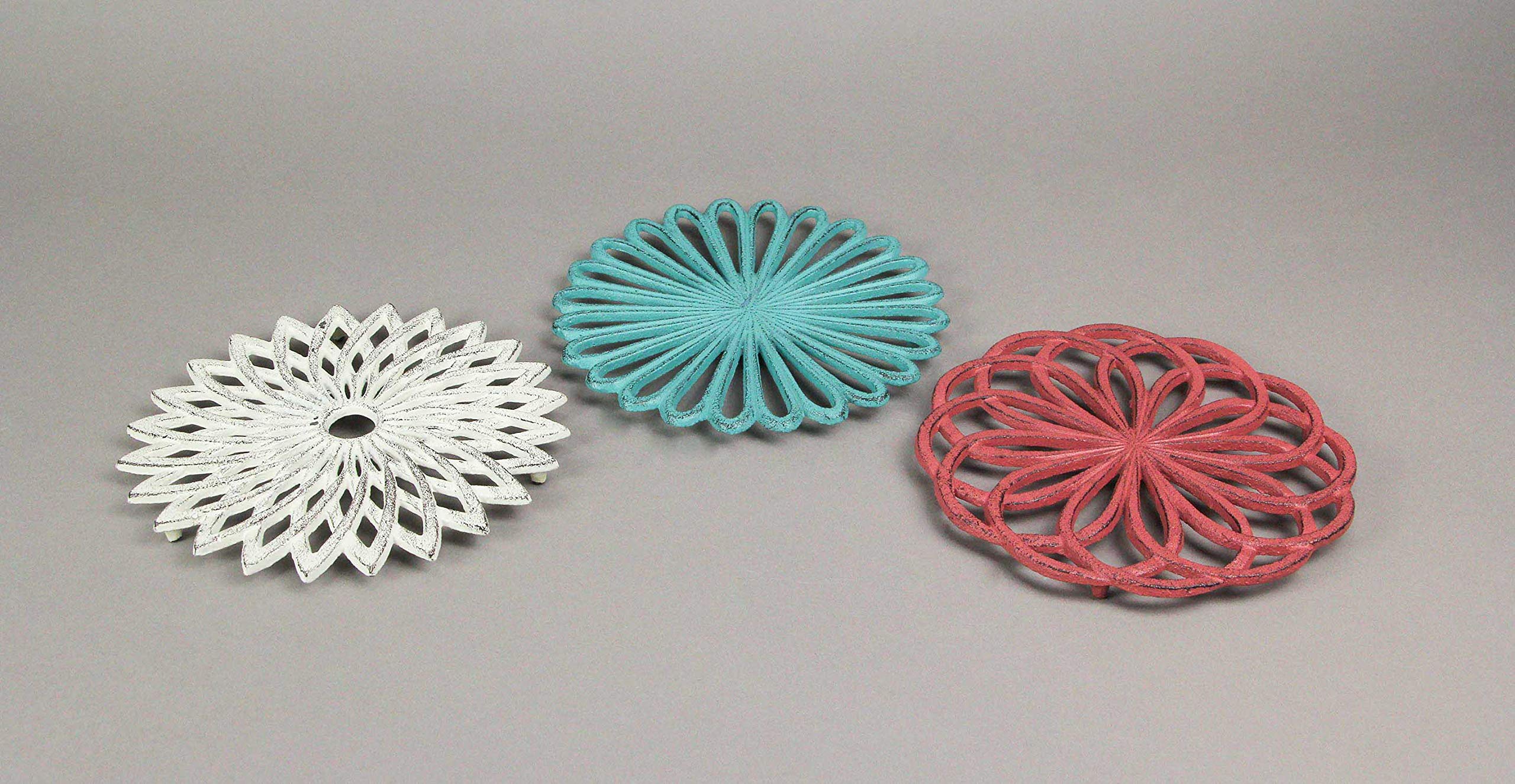 Set Of 3 Cast Iron Floral Bloom Trivets - Rustic Kitchen Decor With Bright Colors And Geometric Patterns - Decorative Accessorie
