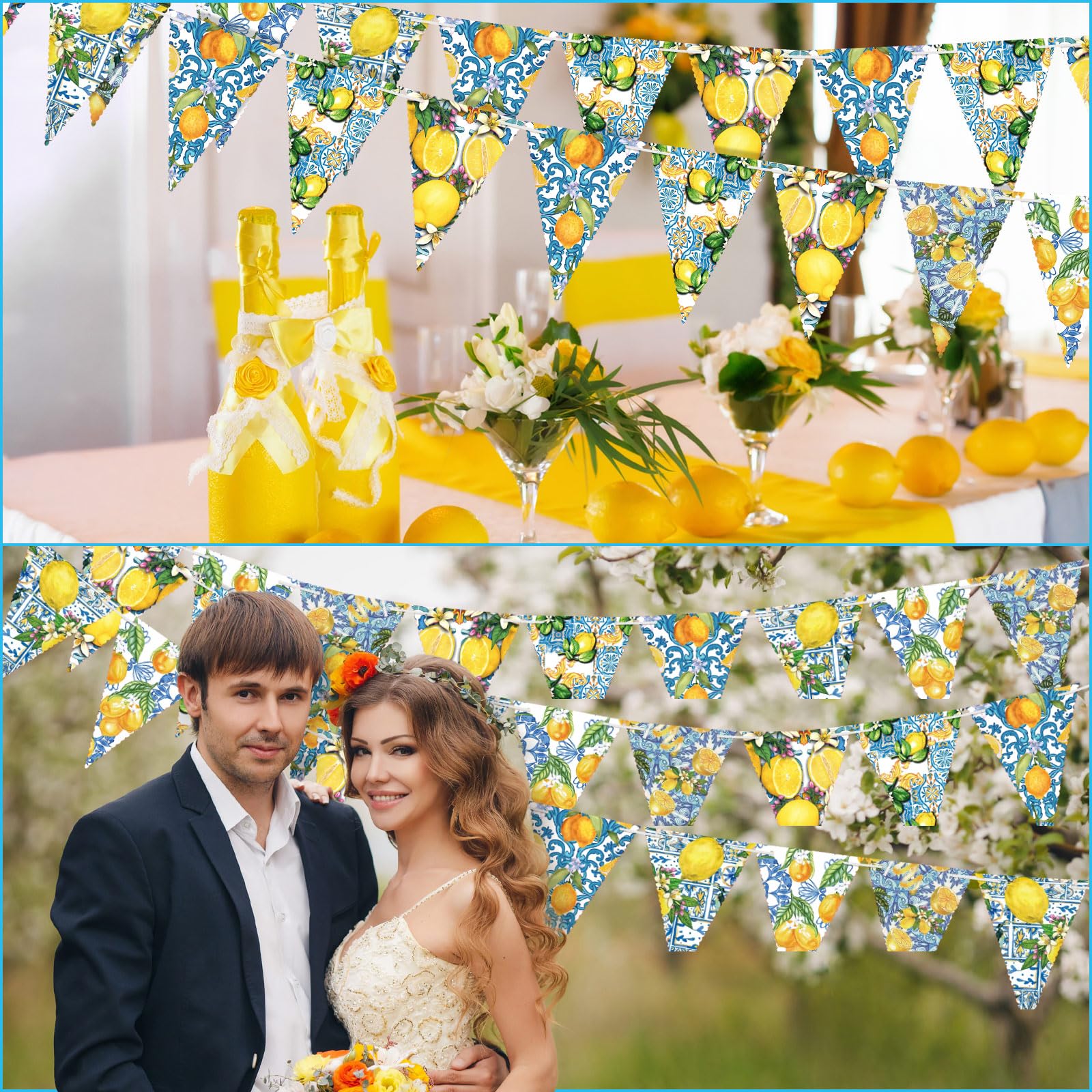 5 Pieces Blue Tiles Lemon Decor Lemon Bunting Banners Blue Tiles Paper Pennant Garlands Lemonade Hanging Triangle Flags for Wedd