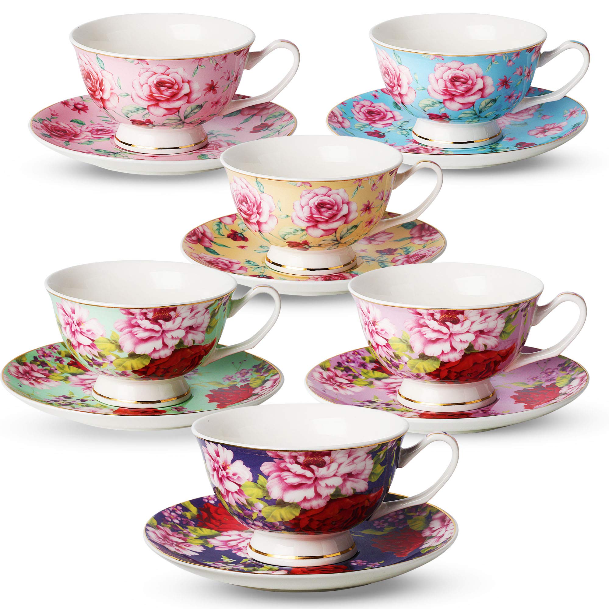 Btat- Tea Cups, Tea Cups And Saucers Set Of 6, Tea Set, Floral Tea Cups (8Oz), Tea Cups And Saucers Set, Tea Set, Porcelain Tea