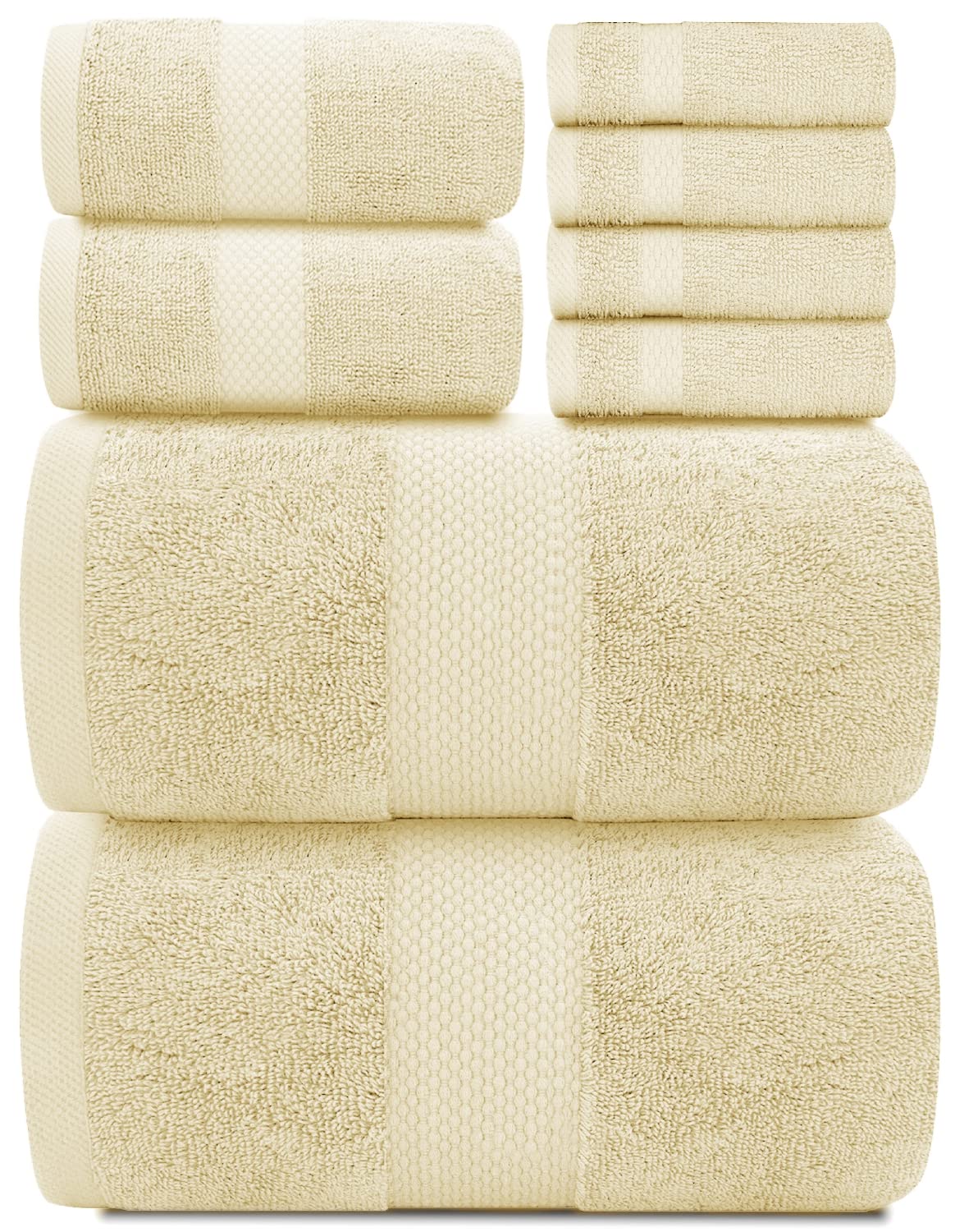 White Classic Luxury Beige Bath Towel Set - Combed Cotton Hotel Quality Absorbent 8 Piece Towels | 2 Bath Towels | 2 Hand Towels