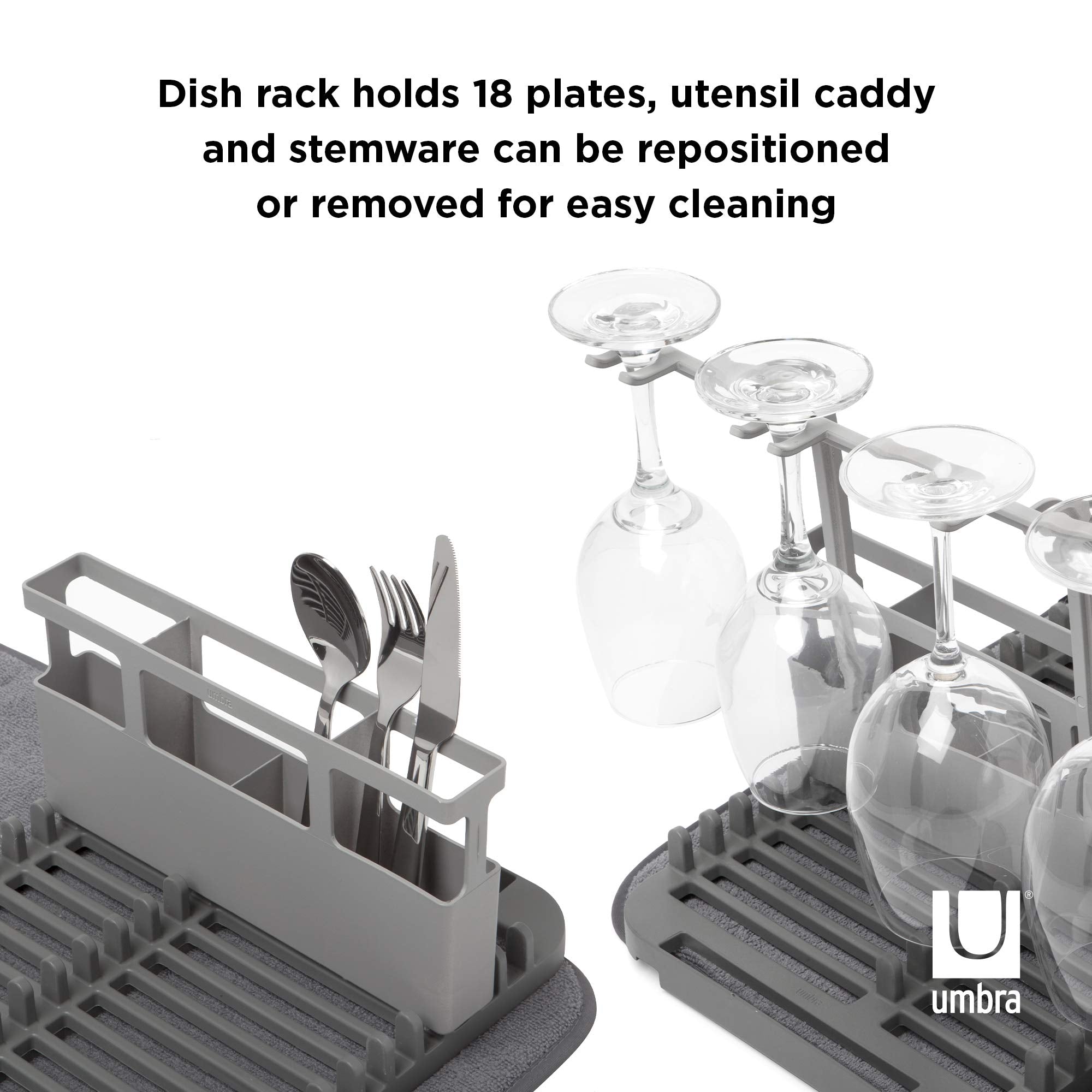 Umbra Udry Drying Rack And Microfiber Dish Mat With Stemware Holder And Utensil Caddy-Space-Saving Lightweight Design Folds Up F