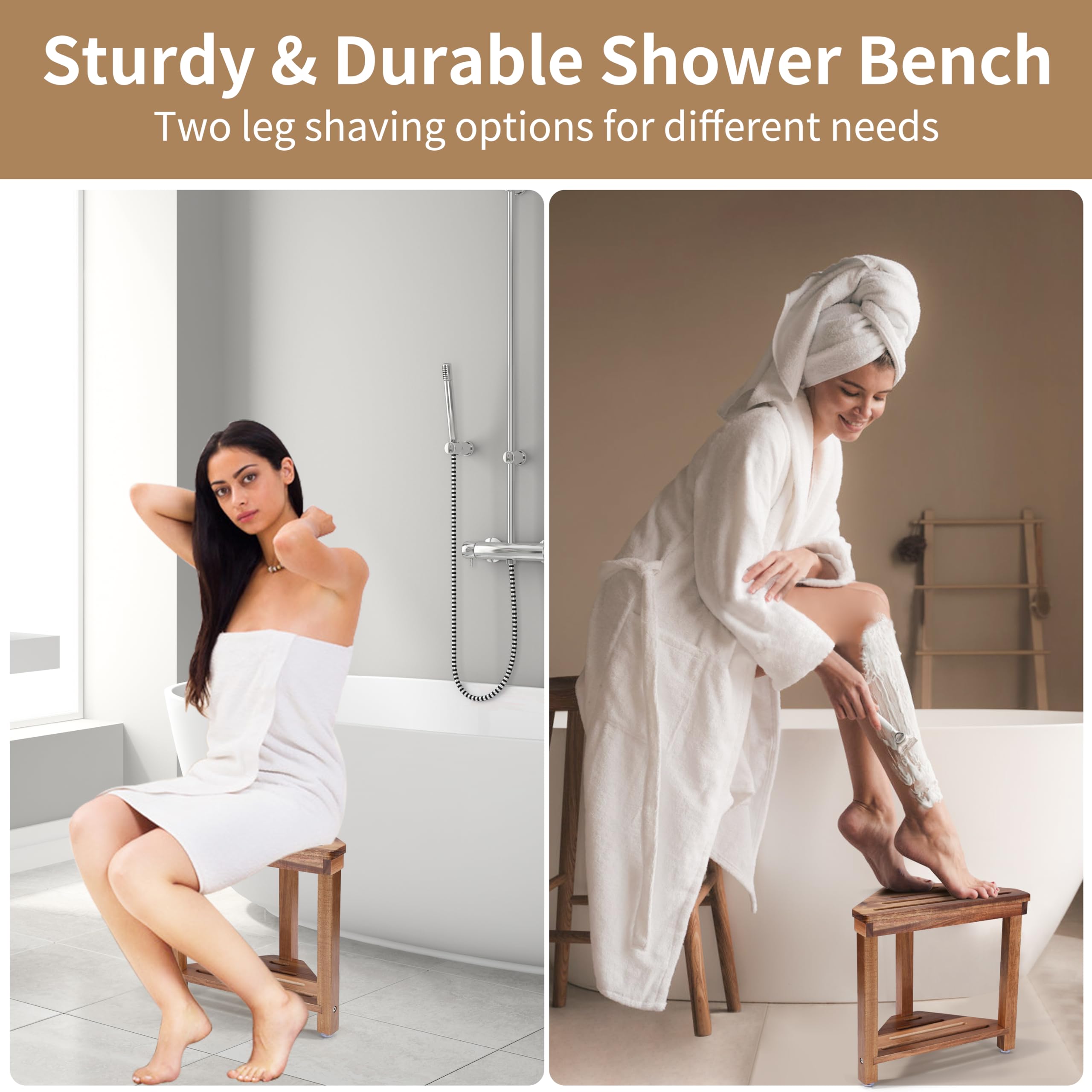 Boulphia Shower Foot Rest 14In, Acacia Wood Shower Stool For Shaving Legs, Waterproof Corner Shower Stool With Storage Shelf For