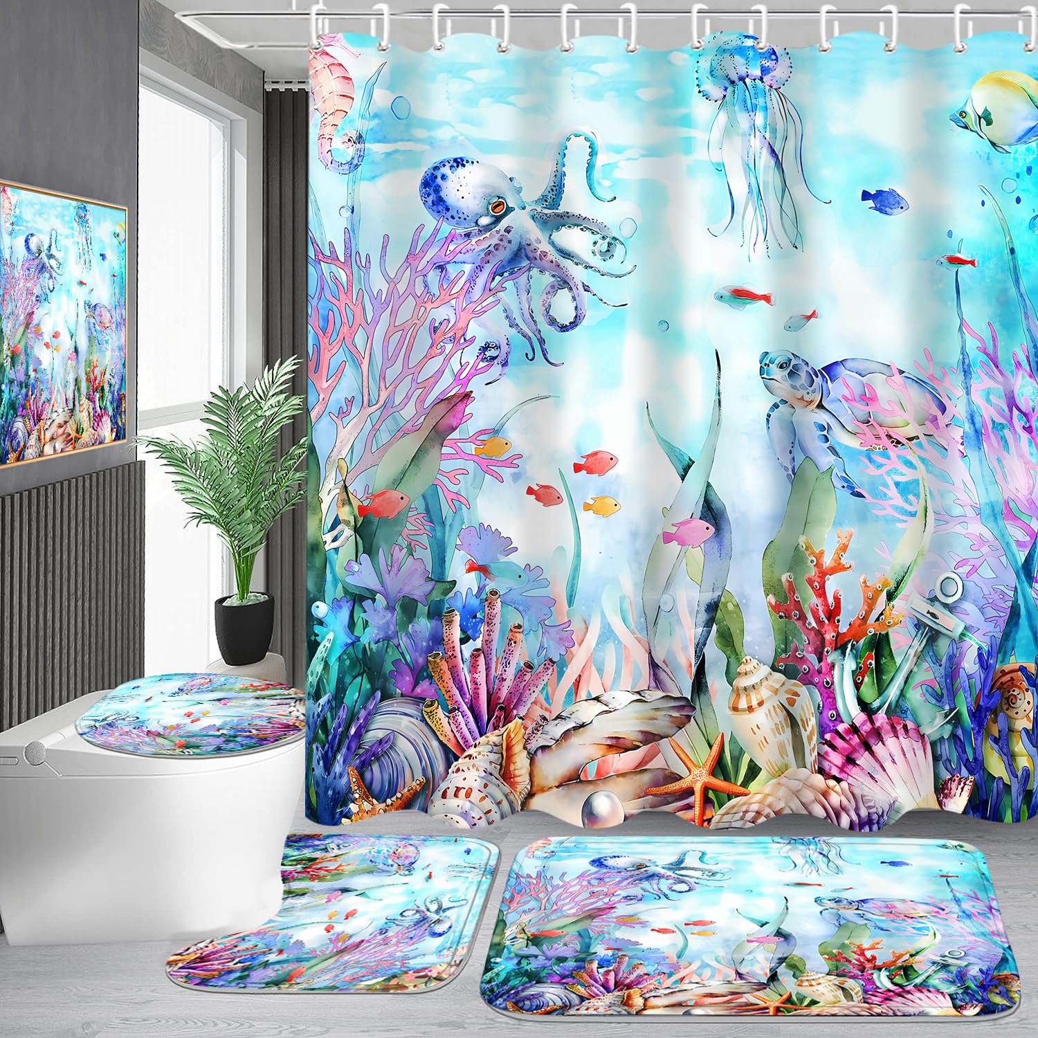Pretyw 4-Piece Blue Ocean Seaworld Shower Curtain Set Marine Life Bathroom Set With Shower Curtain And Rugs, Octopus Turtle Cora
