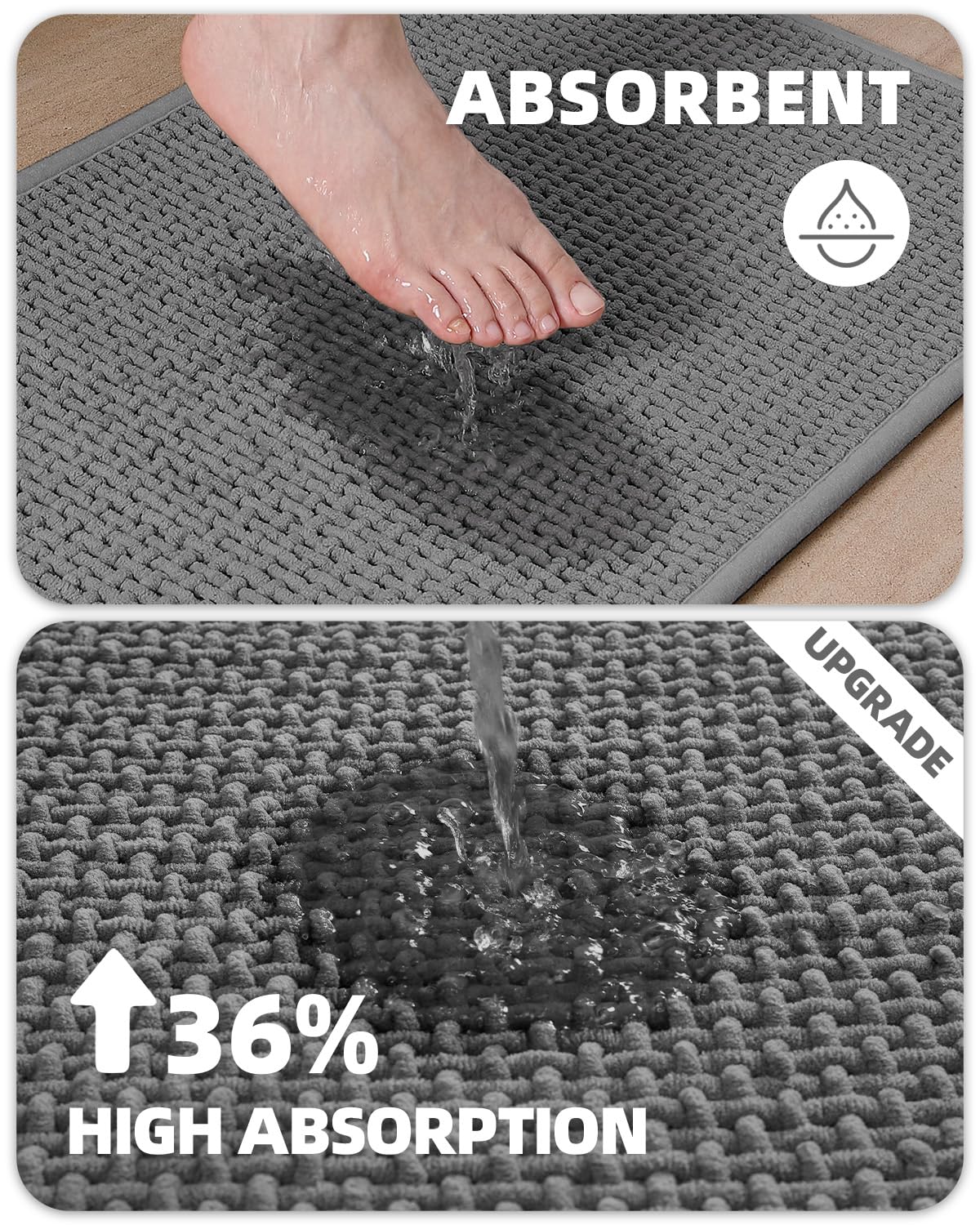 Color&Geometry Large Bathroom Rugs Upgraded Denser Chenille Pile, 24''X36'' Non Slip Absorbent Grey Bath Mats For Bathroom Thin