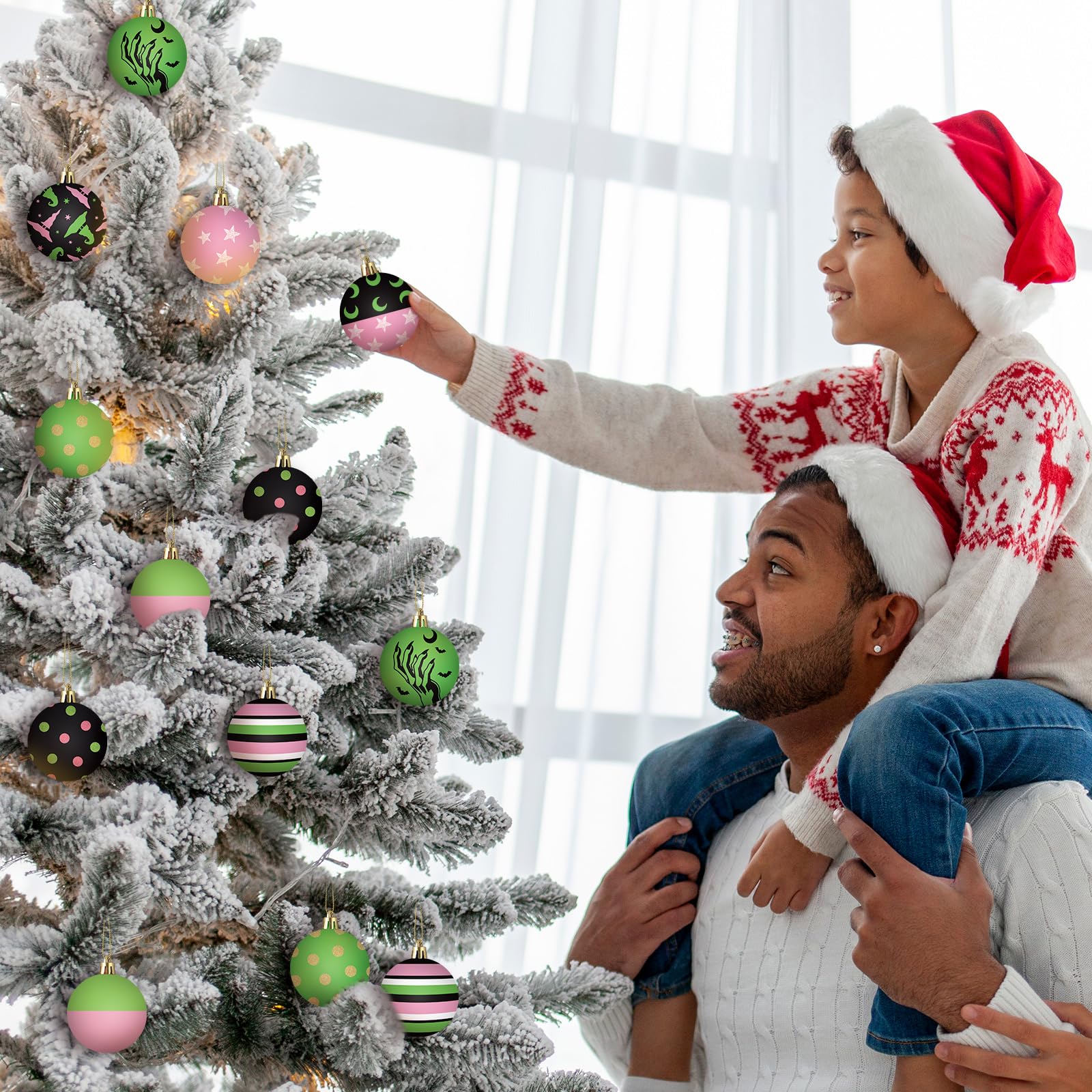 Janinka 24 Pcs Christmas Tree Ball Ornaments 2.4 Inch Witch Pink and Green Plastic Hanging Ornaments Pendants Baubles for Xmas T