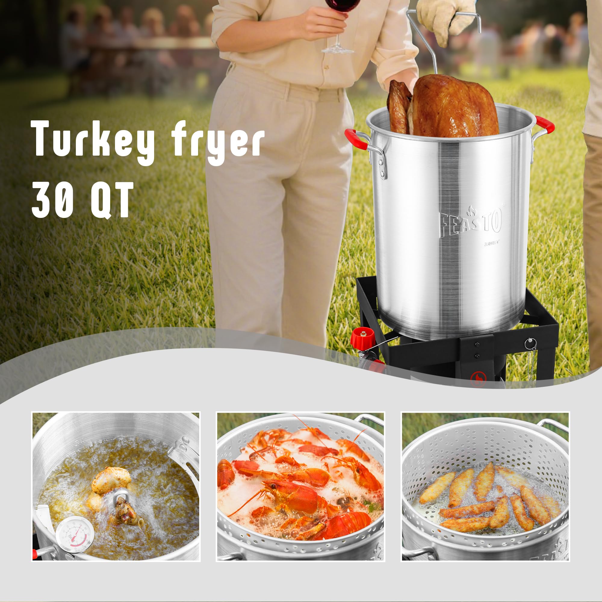 Feasto 30 Qt Turkey Fryer with Basket & 10QT Fish Fryer Kit, 50,000 BTU Outdoor Propane Burner, CSA Certified, Auto Ignition, 10