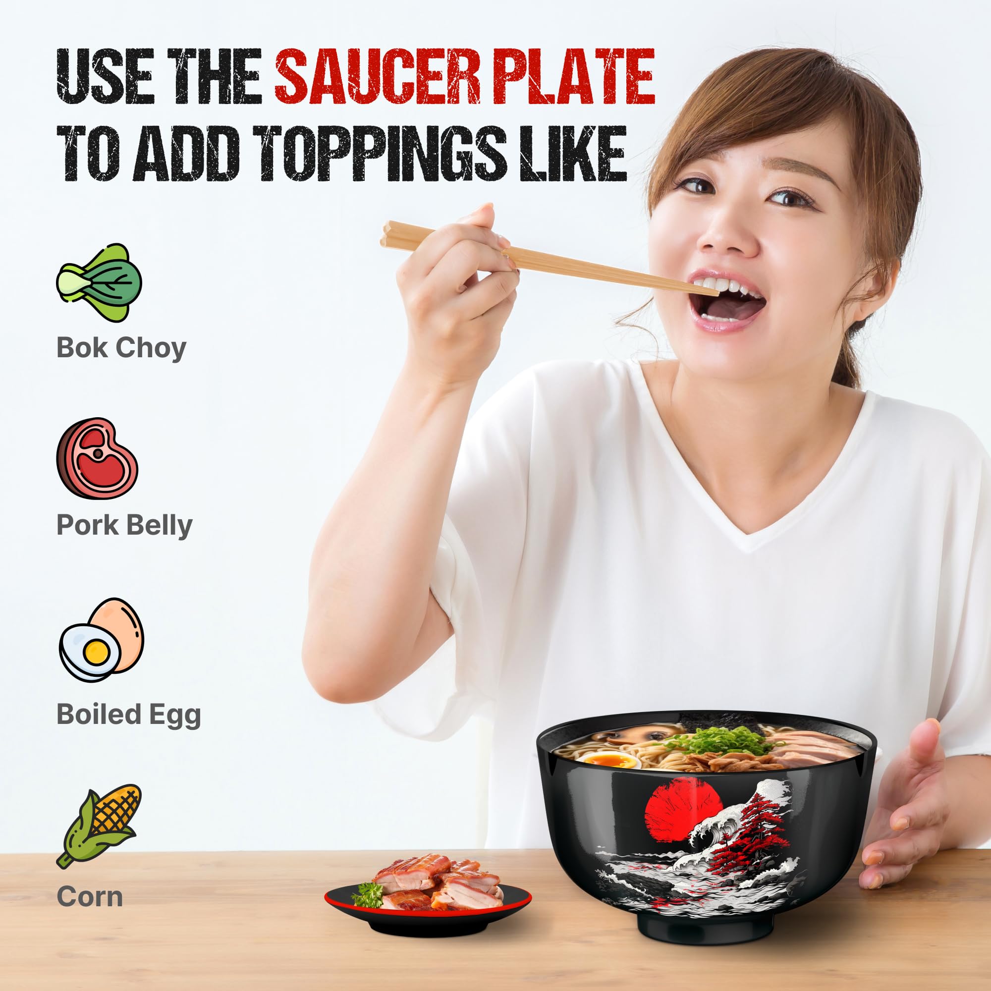 I2 Home Japanese Ramen Bowl Set Of 1-5 Pcs, 32 Oz Ceramic Microwaveable & Dishwasher Safe Large Noodle Bowl With Lid & Built-In