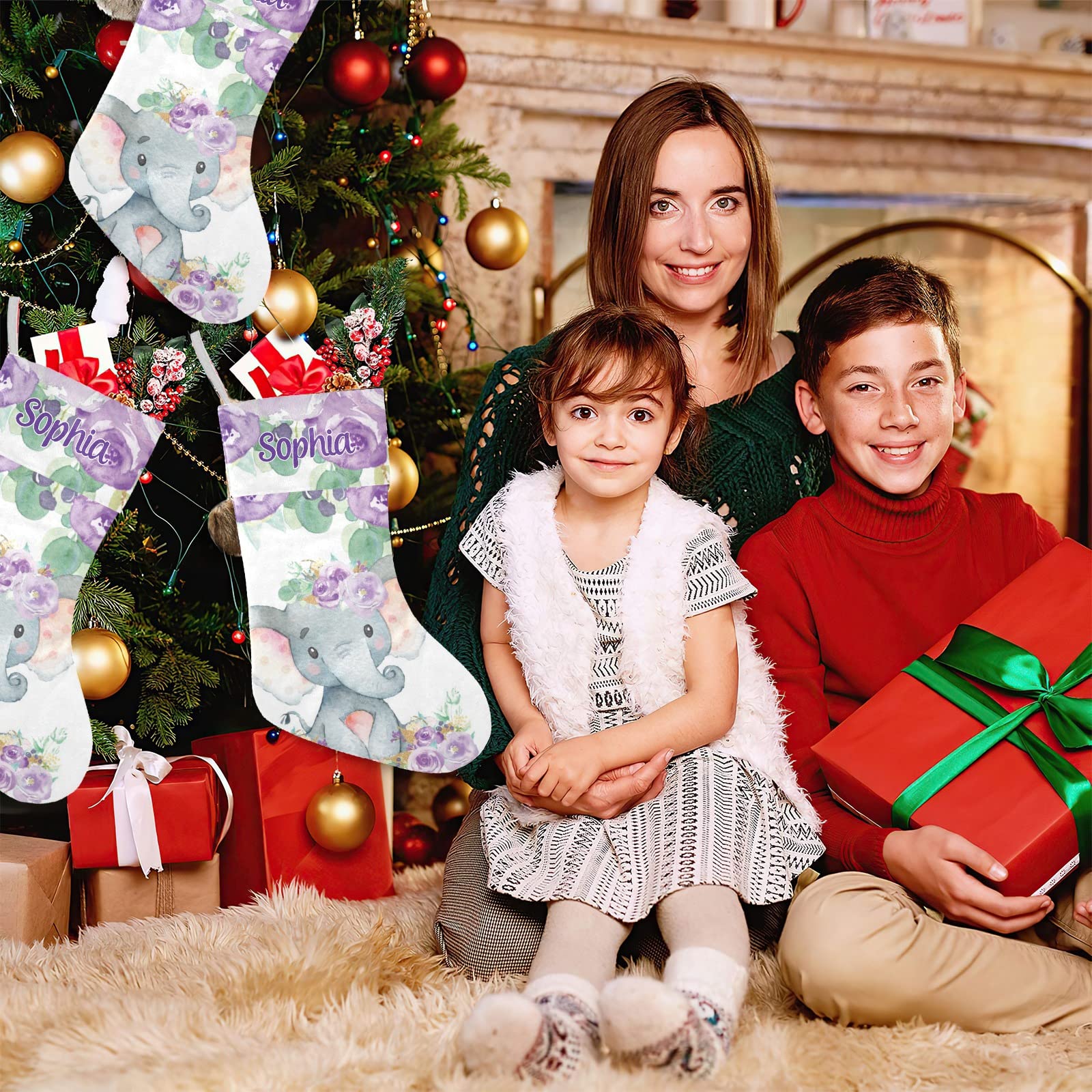 Personalized Purple Floral Elephant Custom Family Xmas Stockings with Name for Home Christmas Party Ornaments Decoration17.52 x