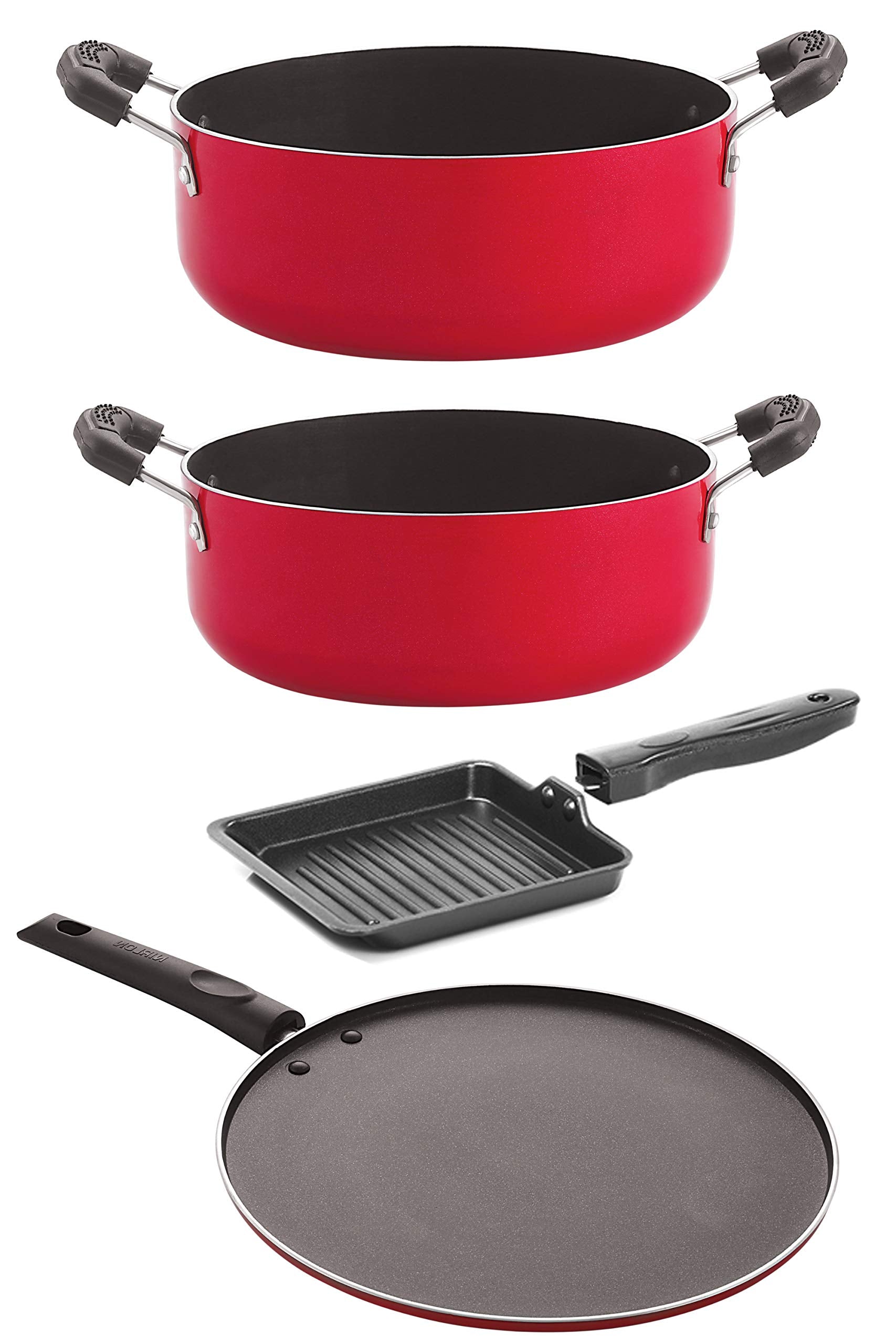 Nirlon NonStick Aluminium Cookware Set, 4Pieces, Red/Black (Cs22_St11_Sgp_Cs24)