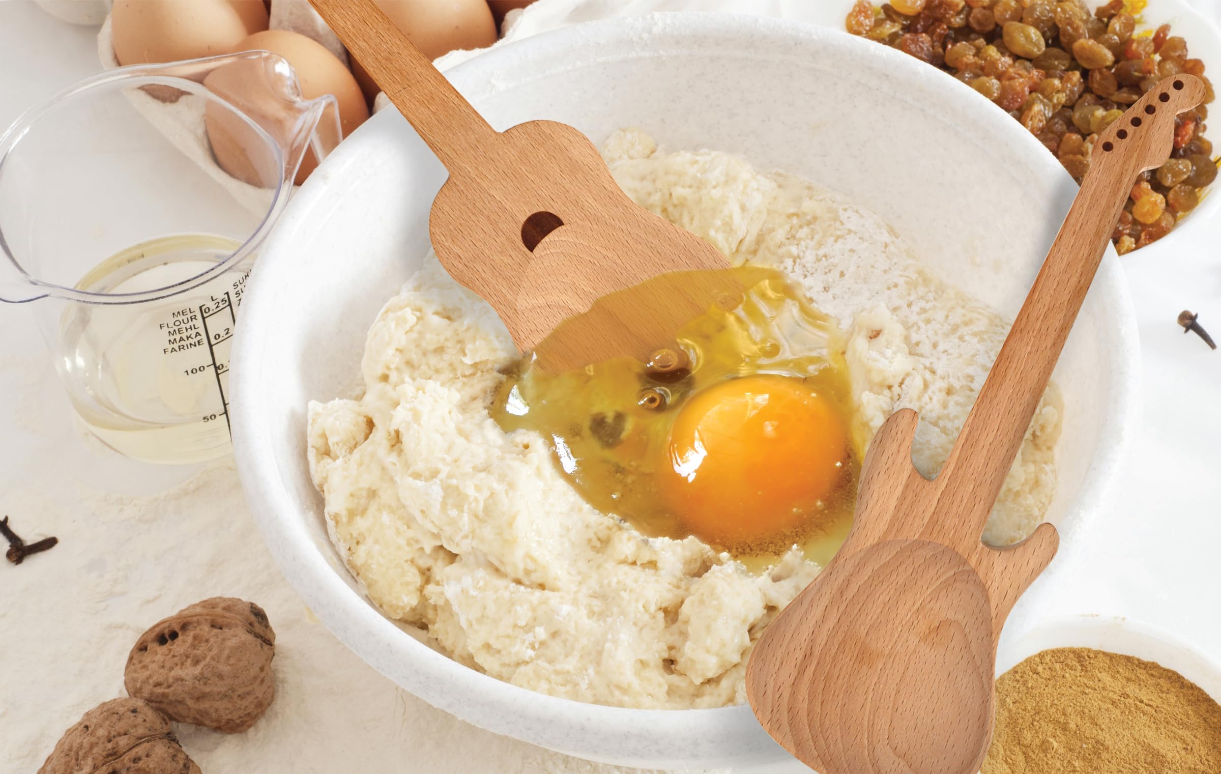 Kikkerland Guitar Style Rockin Wooden Novelty Spoons, Long Handle Serving Utensils Set, Heat Resistant, Brush And Fork For Music