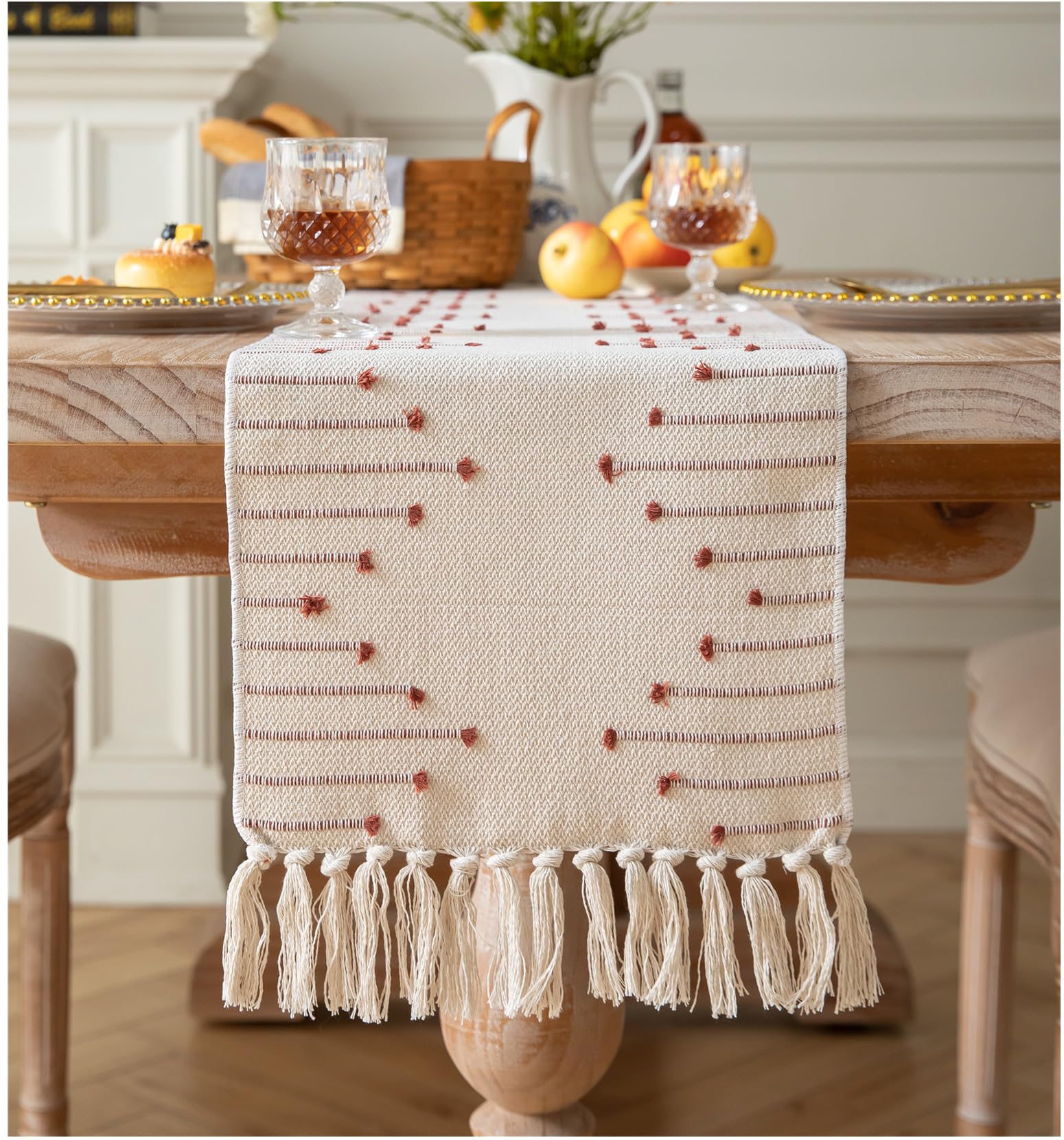 Caflife Boho Table Runner 13 x 108 Inch Long Natural Cotton Woven Runner with Tassels for Home Dining Table d  cor, for Modern F