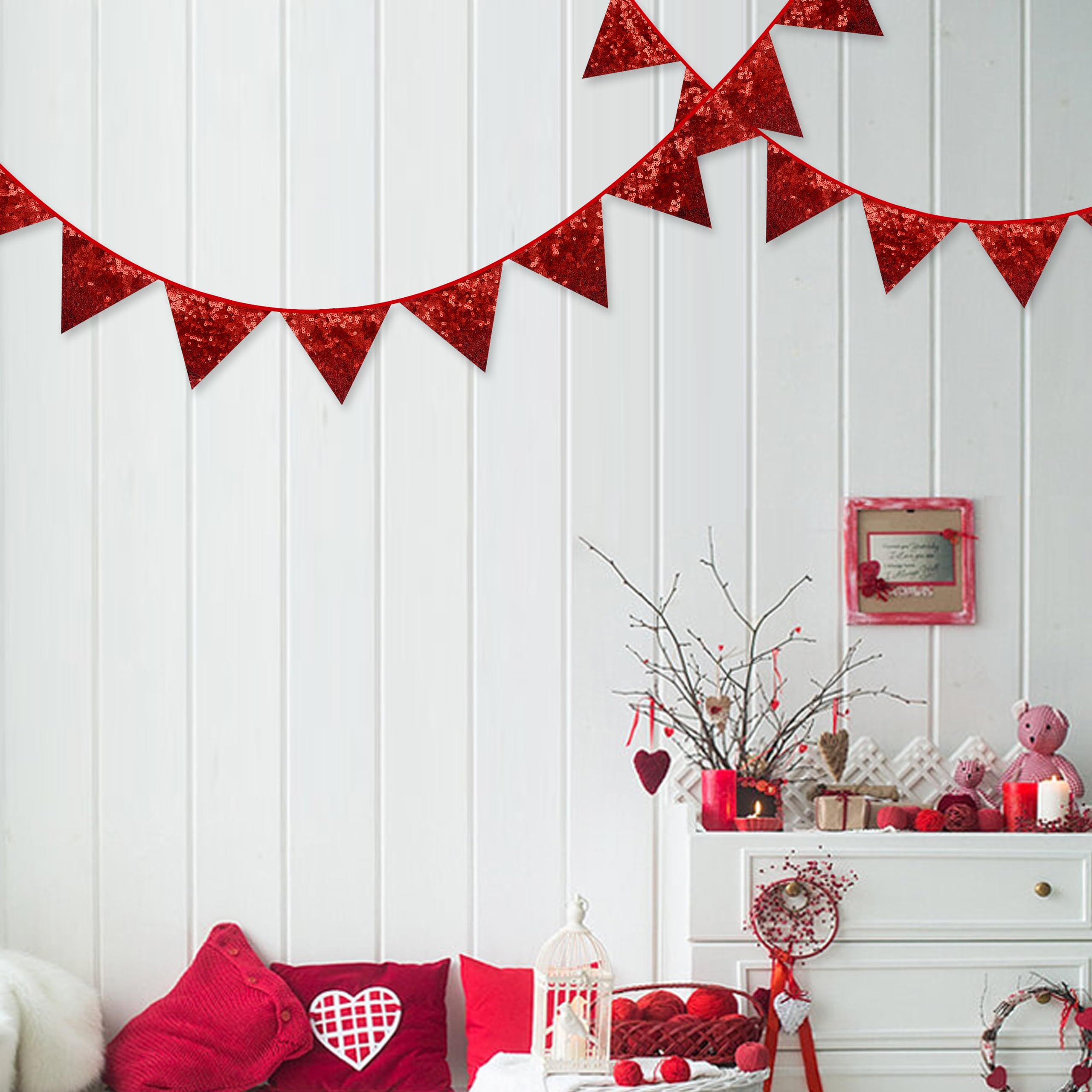 Pinkblume Red Decorations Double Sided Red Sequin Fabric Triangle Pennant Banner Flag Bunting Garland For Red Theme Nursery Clas