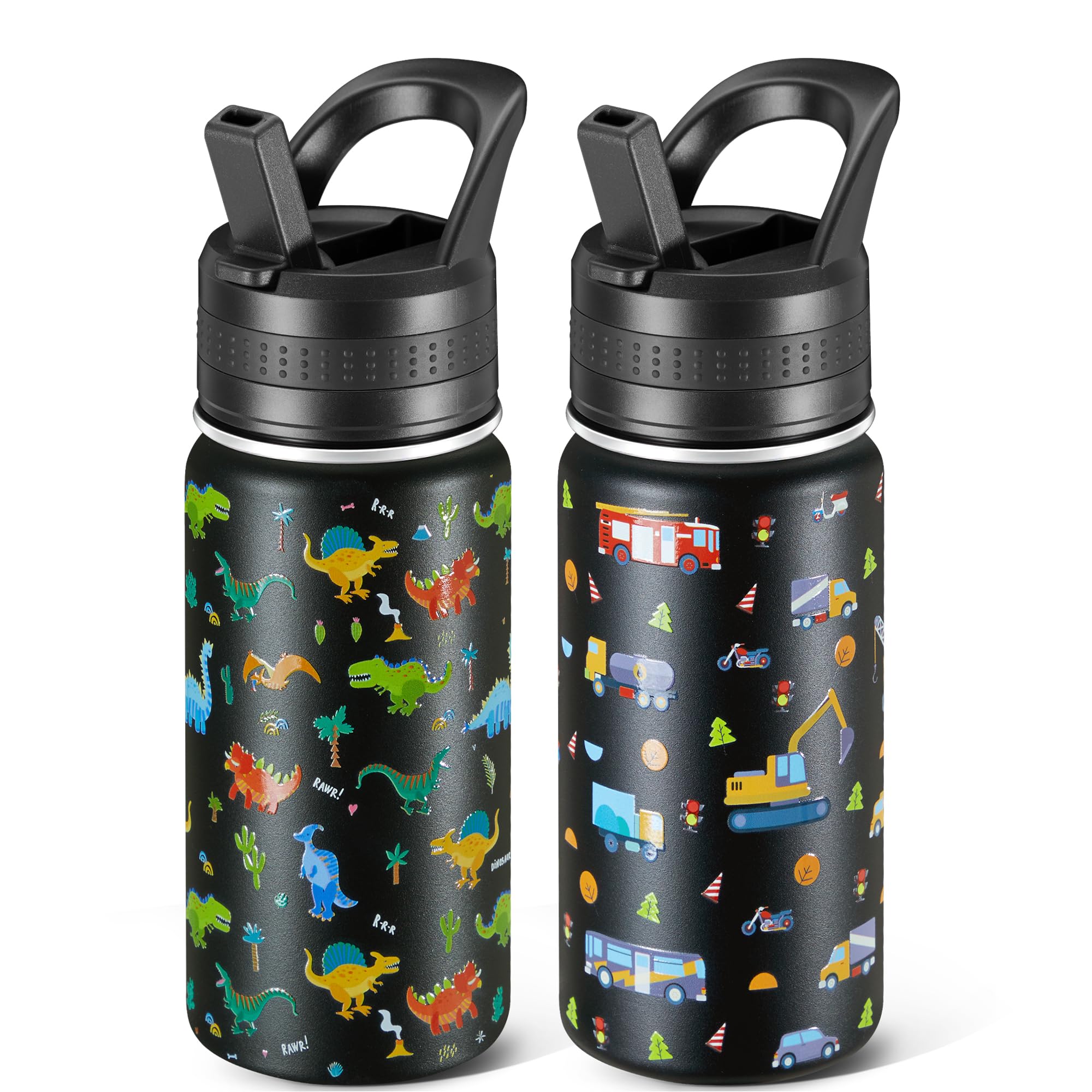 2 Pack Kids Water Bottle,14 Oz Stainless Steel Water Bottle with Straws, LeakProof, BPAFree, Insulated Water Bottles for Schoo