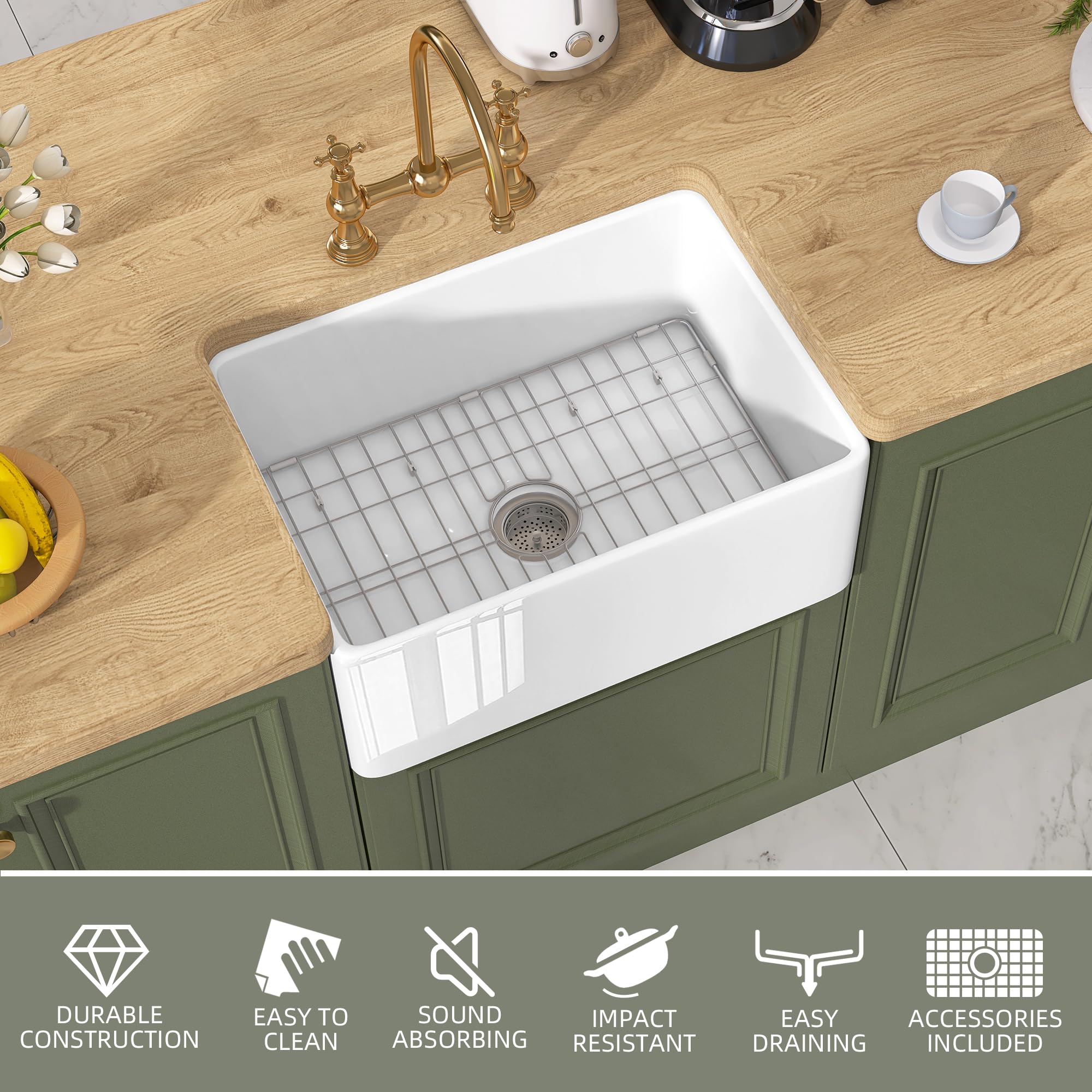 Tuktuk White Farmhouse Sink 24X18 Inch Fireclay Farm Sink Apron Undermount Kitchen Sink Single Bowl Small Sink For Bar Drop-In M