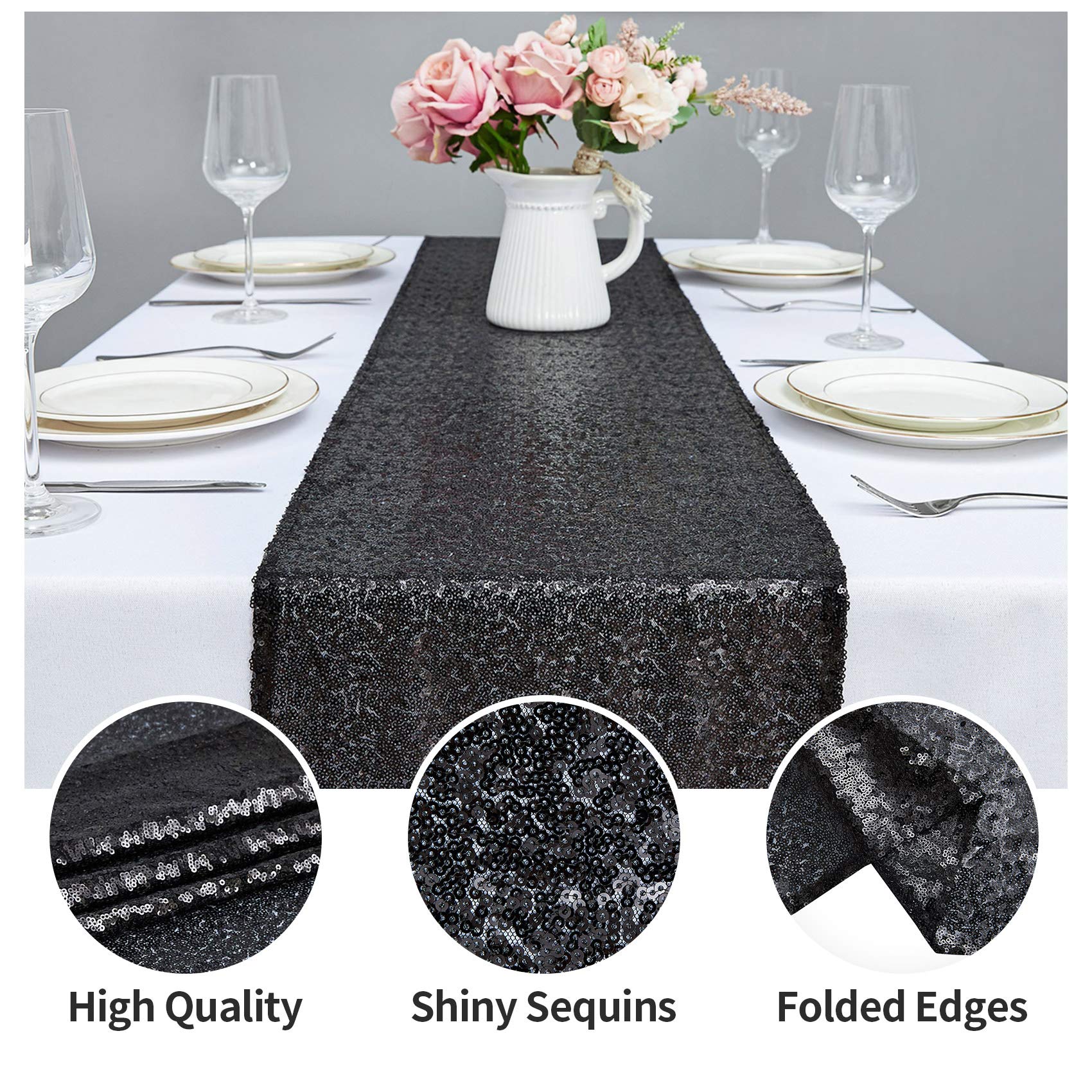 6Pcs 12X72 Inch Sequin Table Runner Black Glitter Table Runner For Party, Wedding, Bridal Baby Shower, Event Decorations(6Pcs, 1