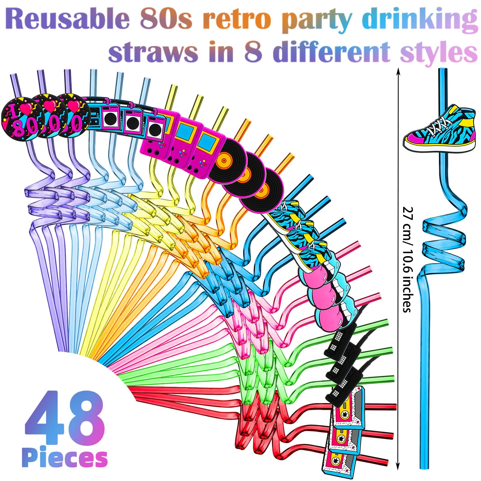 80S Party Decor Retro Straw Hip Hop Theme 80S Party Silly Drinking Straws I Love 80S Radio Boombox Mobile Phone Straw Decoration