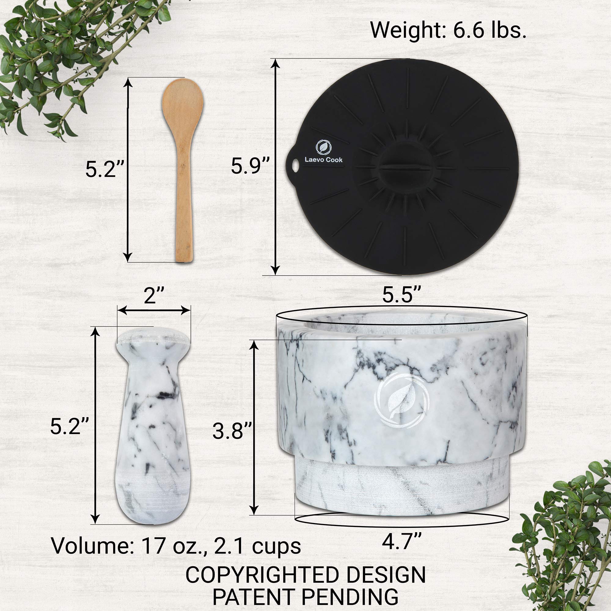 Laevo White Marble Mortar And Pestle Set - Stone Spice Grinder - 2.1 Cup Capacity, 5.5-Inch Reversible Mortar And Pestle Set For