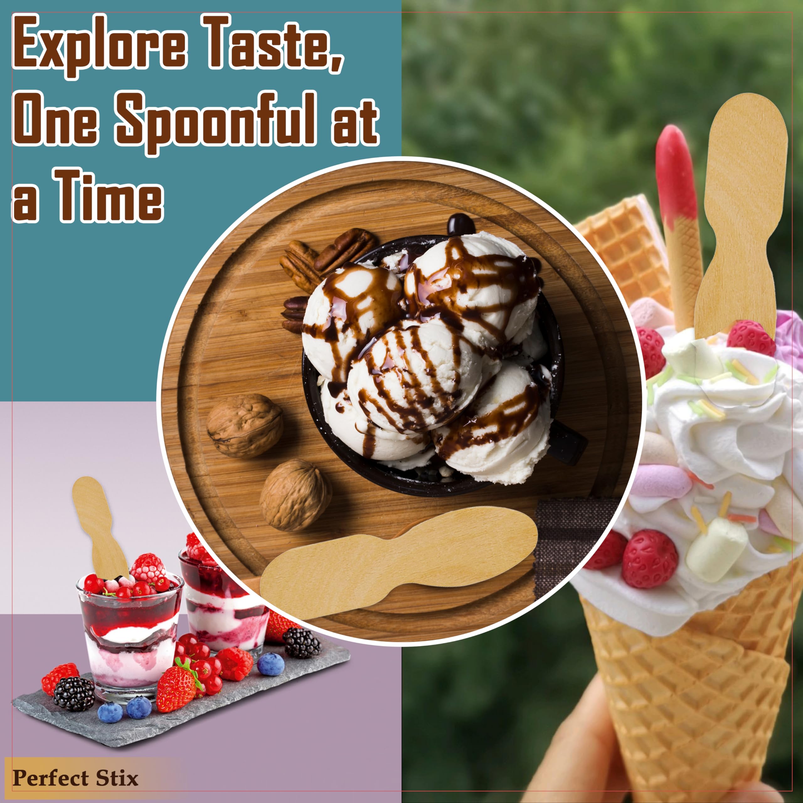 Perfect Stix Wooden Wrapped Taster Ice Cream Paddle Spoon, Paper Wrapped, 3'' Length Wrapped, Natural (Pack Of 300)