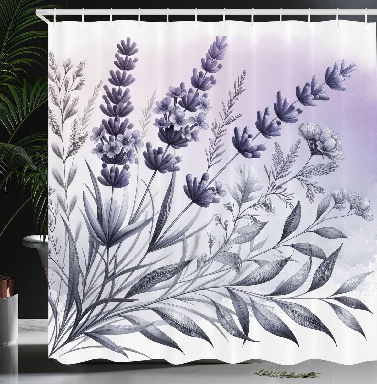 Ambesonne Lavender Shower Curtain, Muted Tones Drawn Leafy Blooms With Dreamy Cloud Details On Plain Back, Cloth Fabric Bathroom