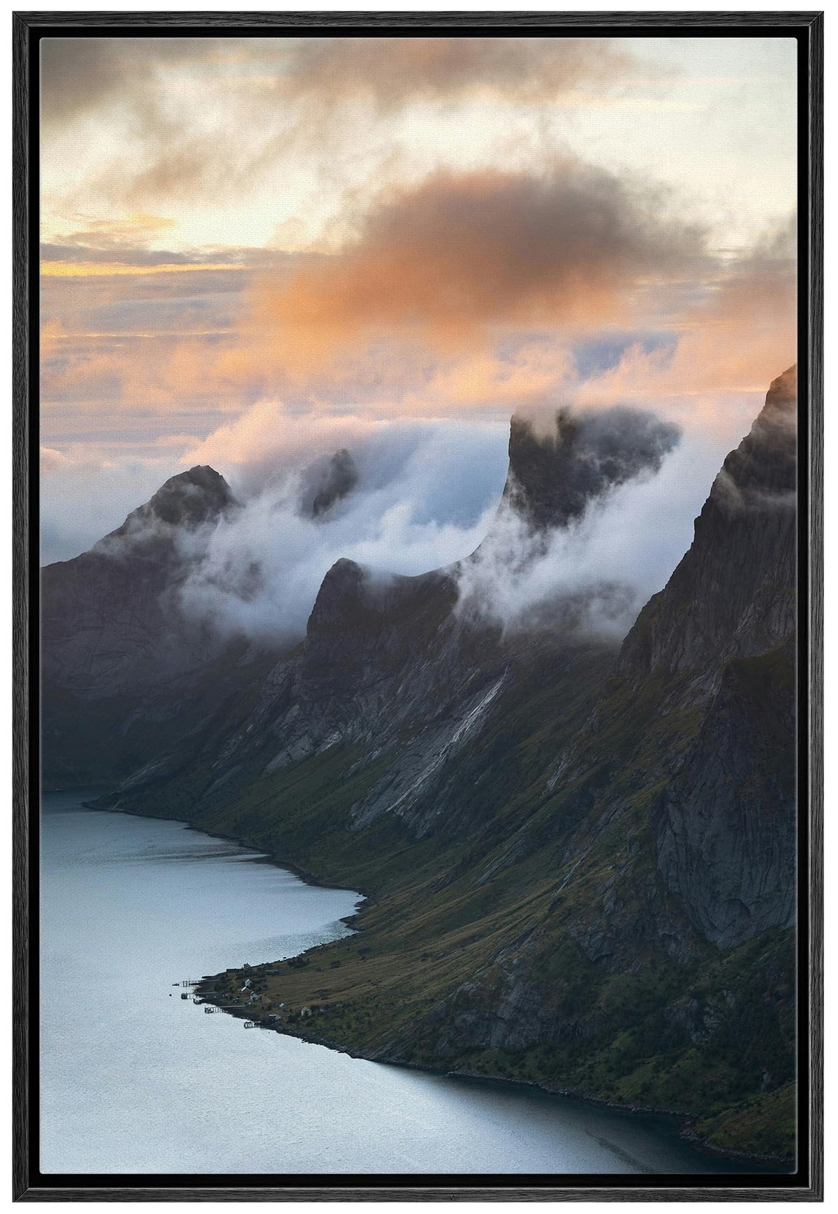 Wall26 Framed Canvas Print Wall Art Misty Mountain Sunrise Over Fjord Animals Photography Realism Rustic Scenic Landscape Wilder