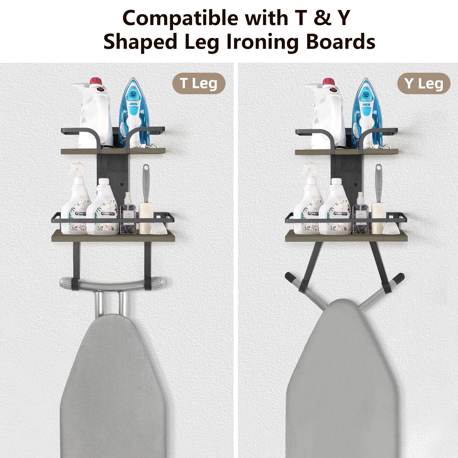 VINAEMO Wall Mount Ironing Board Hanger - 2-Layer Solid Wood Holder in Weathered Grey for Home Organization