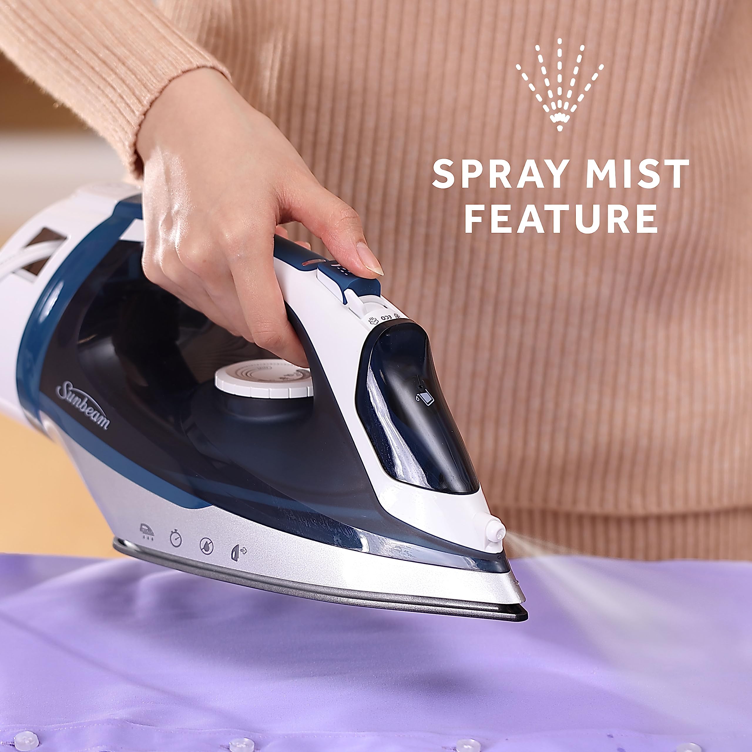 Sunbeam 1700W Steam Iron with Retractable Cord, Non-Stick Soleplate, Dual Spray Mist, 3-Way Auto-Off, Blue/White, Model 32610050