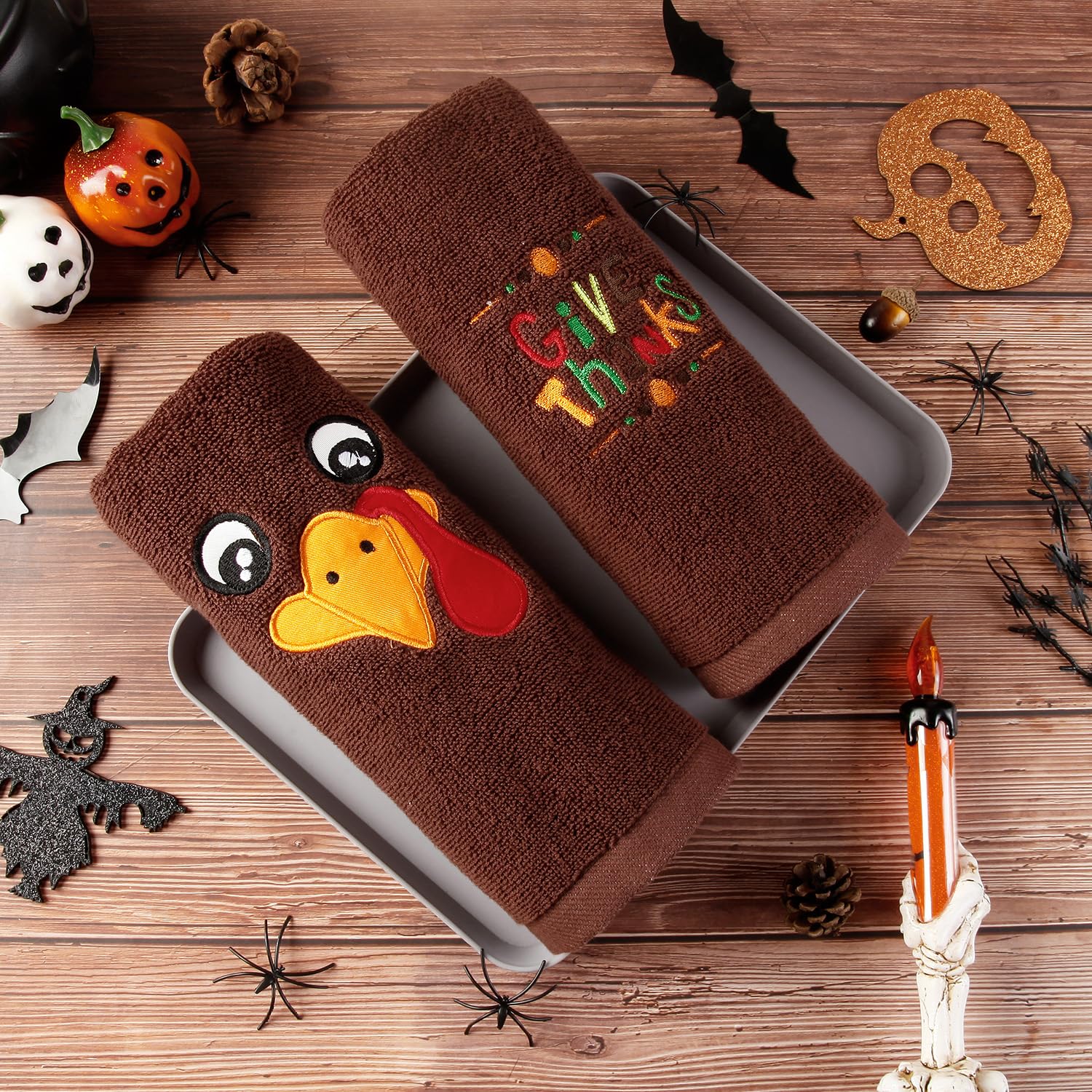 Quera 2 Pack Thanksgiving Hand Towels Turkey Embroidered Premium Luxury Decor Fall Bathroom Decorative Dish Set For Drying, Clea